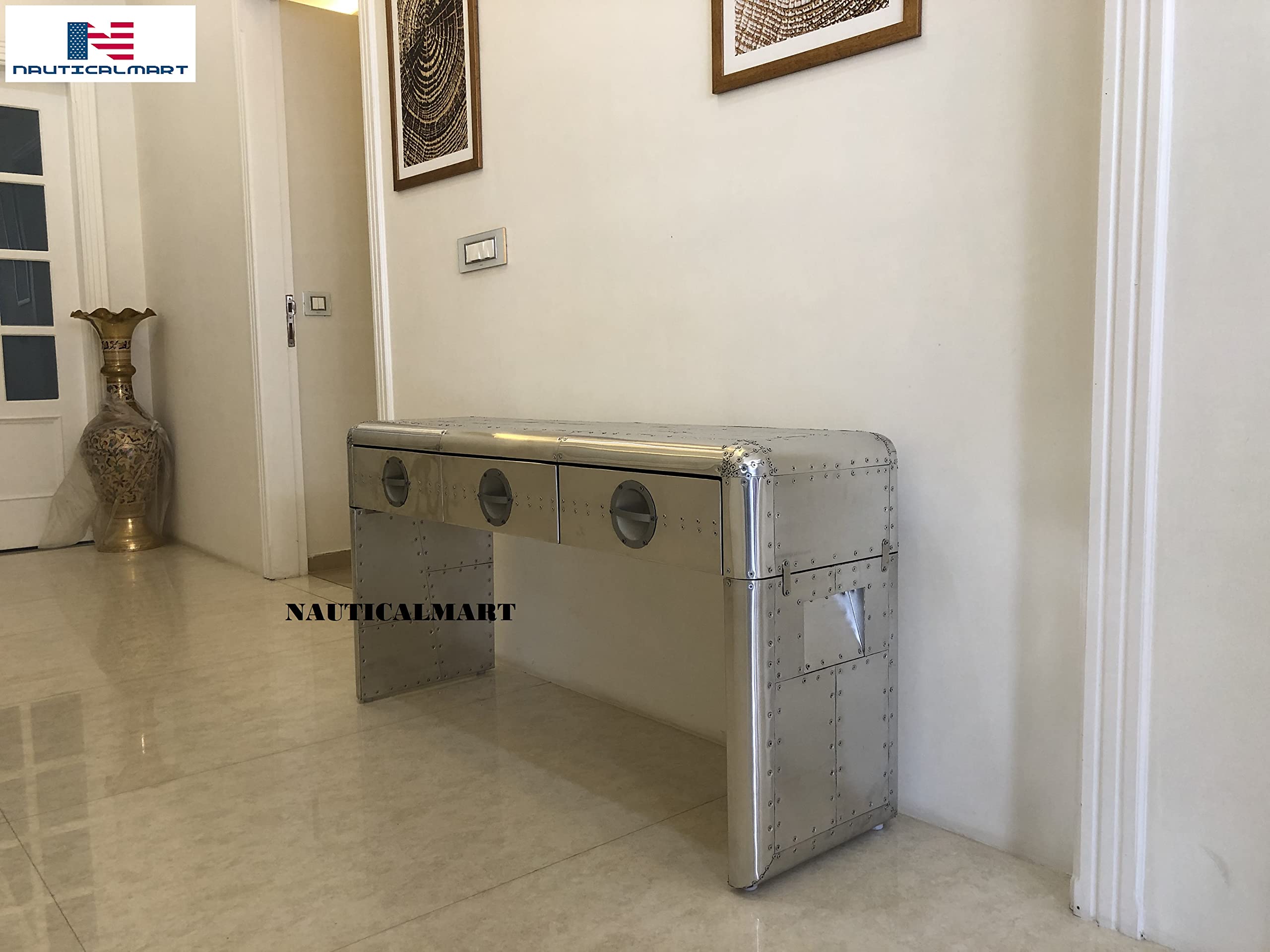 Nautical-Mart Aviator Console Table with 3 Drawers - Modern Bedside Storage Nightstand for Bedroom, Living Room & Office
