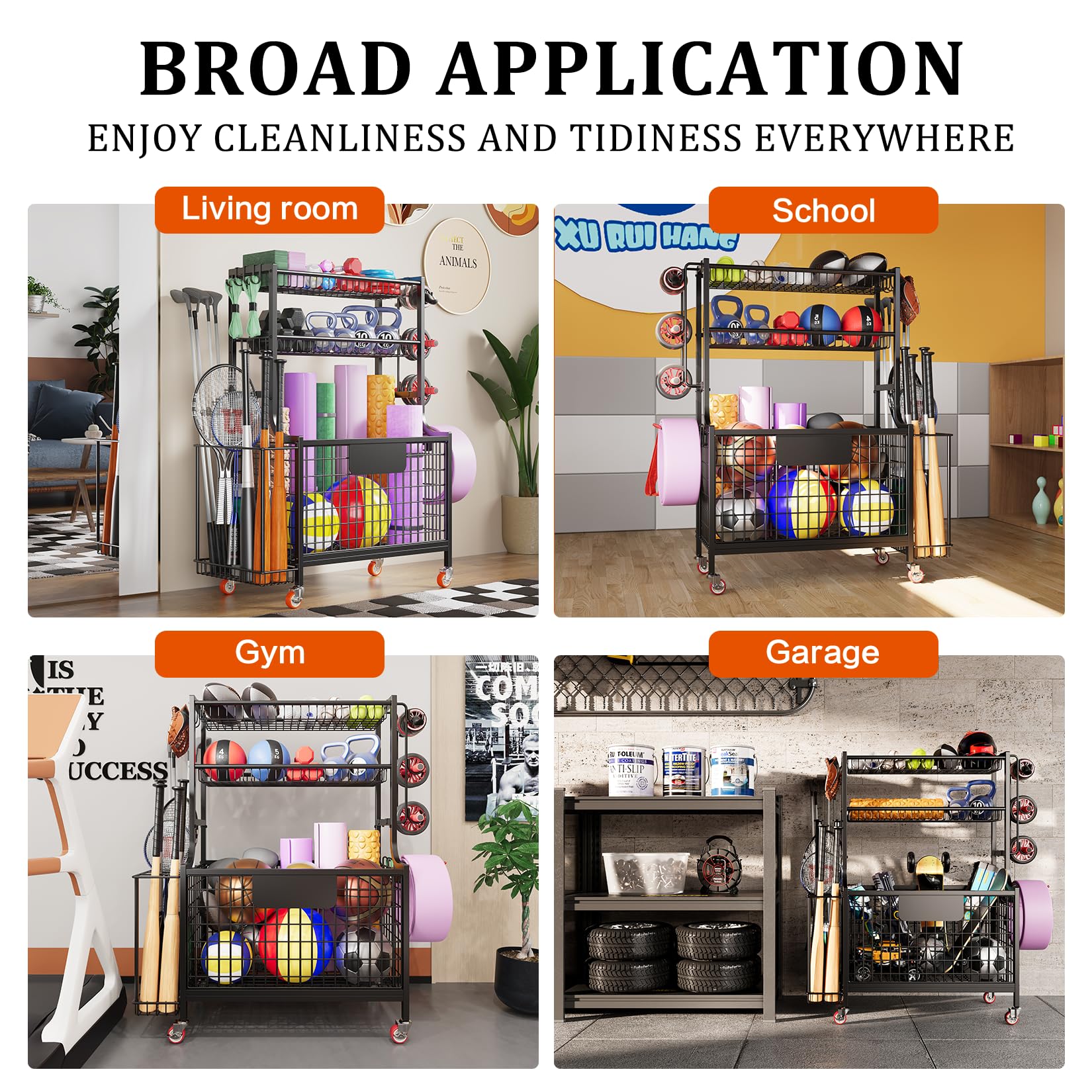 Heavy Duty Garage Storage Rack for Sports Equipment - Rolling Ball Organizer with Wheels, Hooks & Baskets - Golf Bag Stand, Basketball & Football Holder - Perfect for Indoor/Outdoor Use in Garages, Basements & Playrooms