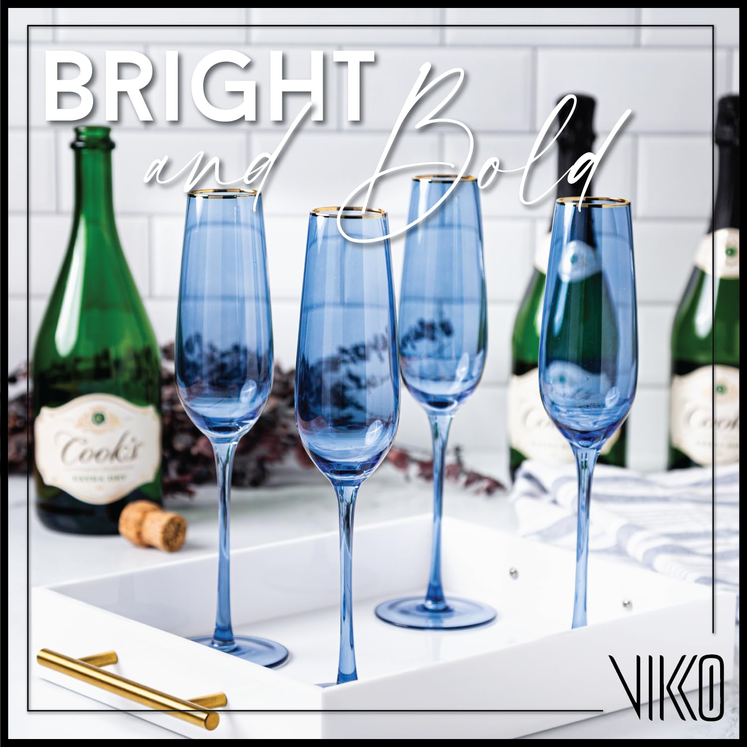Vikko 8.5oz Champagne Flutes Set of 4 - Elegant Blue with Gold Rim Crystal Clear Sparkling Wine Glasses for Wedding Toasts, Anniversary Celebrations & Romantic Dinners