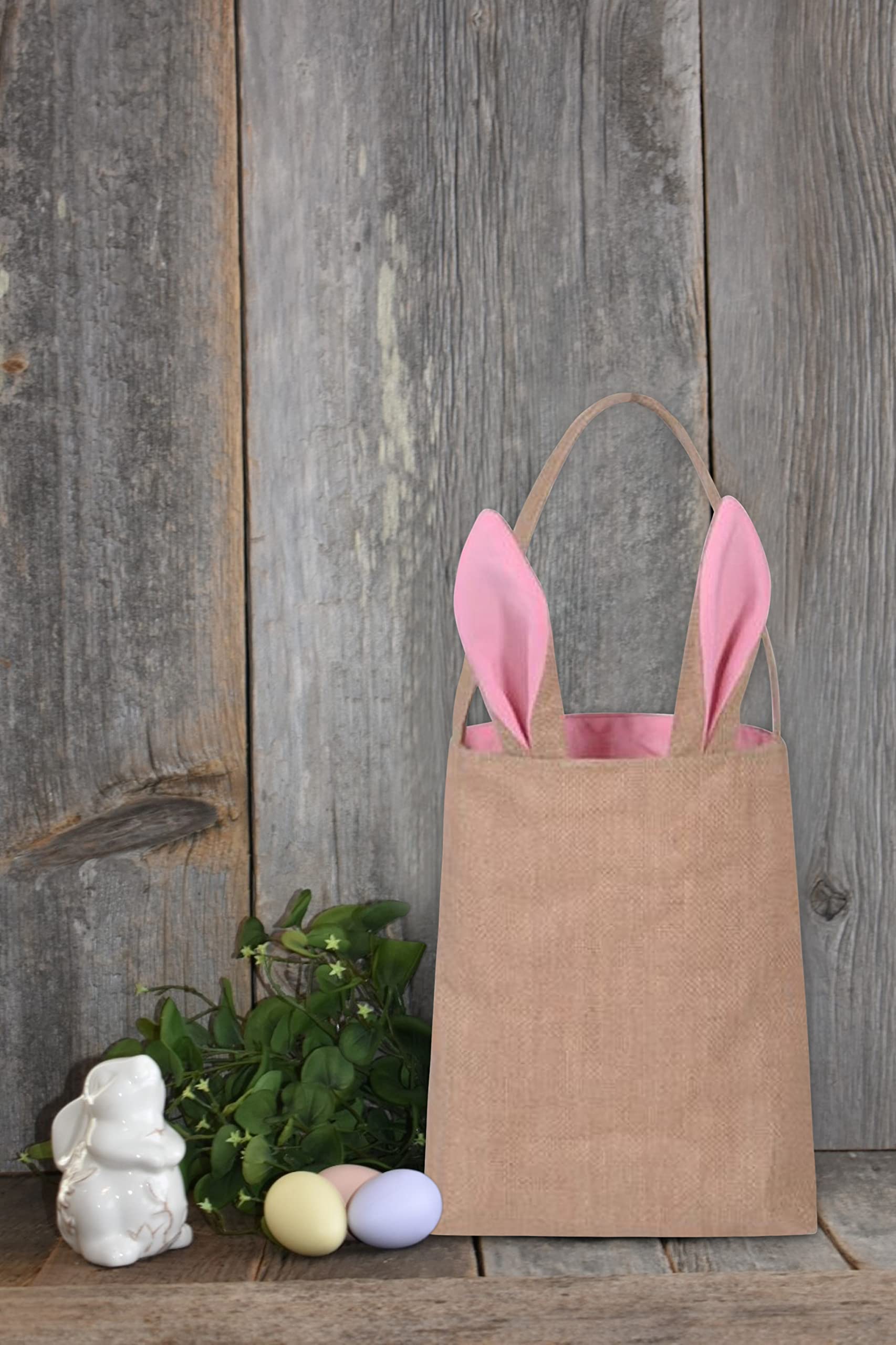 Jolly Jon Easter Egg Hunt Basket Bag - Bunny Rabbit Ear Design - Reusable Grocery Shopping Basket - Kids Party Gift Bag - Baby Shower & Book Storage - Perfect for Easter Celebrations, Birthday Parties & Home Decor (Burlap/Pink Ears)