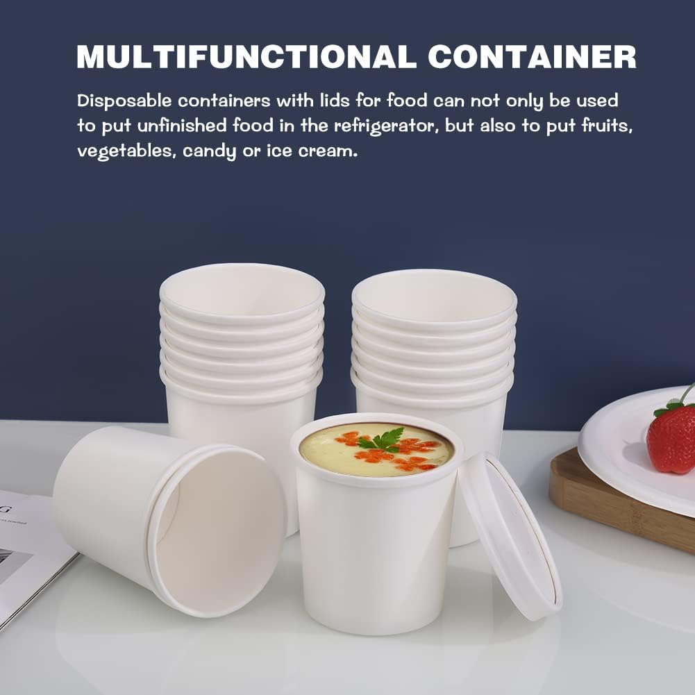 16 oz Disposable Paper Soup Cups - 50 Pack White Food Containers with Vented Lids for Hot Soups, Desserts & Ice Cream | Perfect for Takeout, Catering & Party Serving