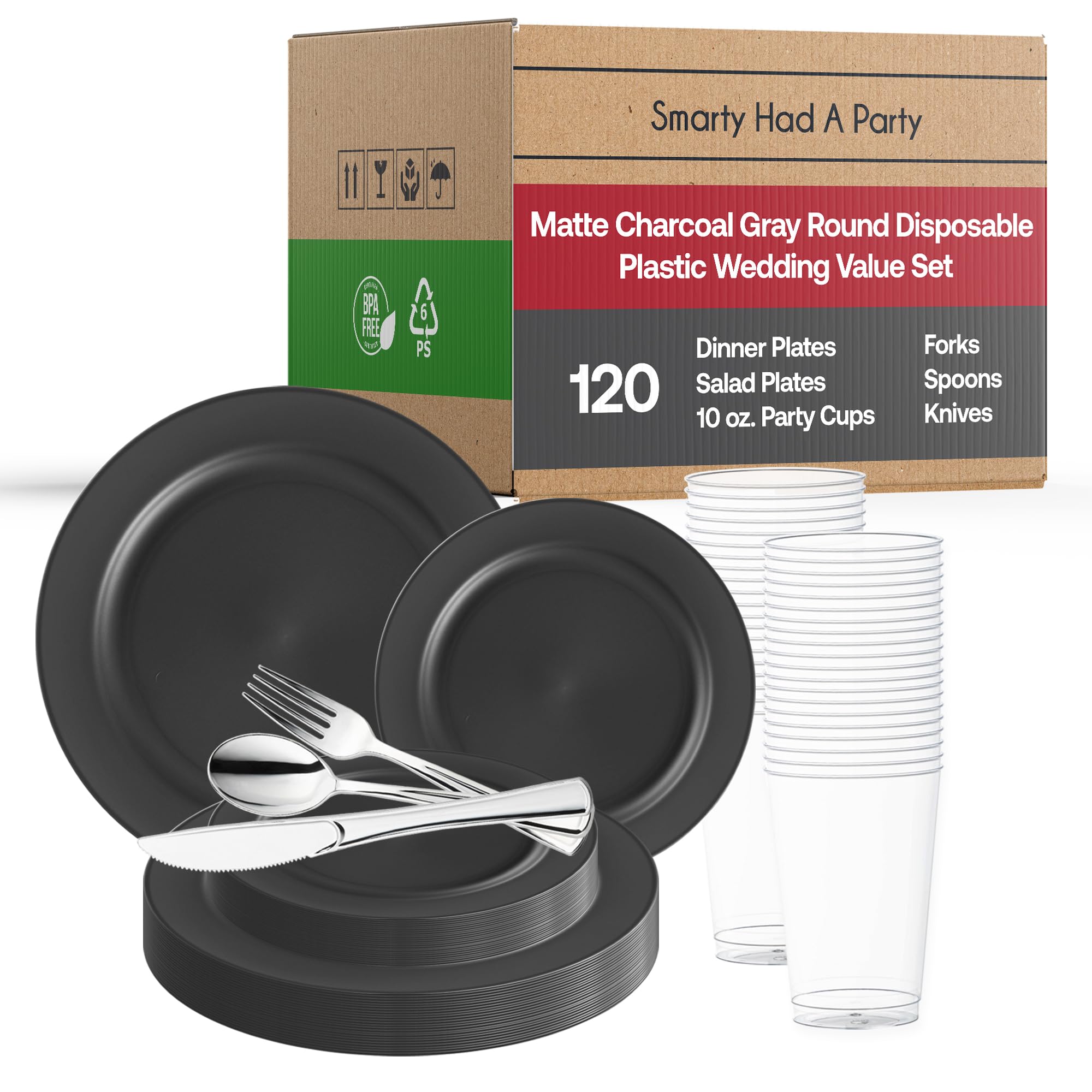 Elegant Disposable Plastic Party Dinnerware Set - Matte Dinner Plates, Salad Plates, Cutlery (Spoons, Forks, Knives) & Cups Bulk (120-Piece, Charcoal Gray) for Wedding, Birthday, BBQ, Picnic & All Special Occasions