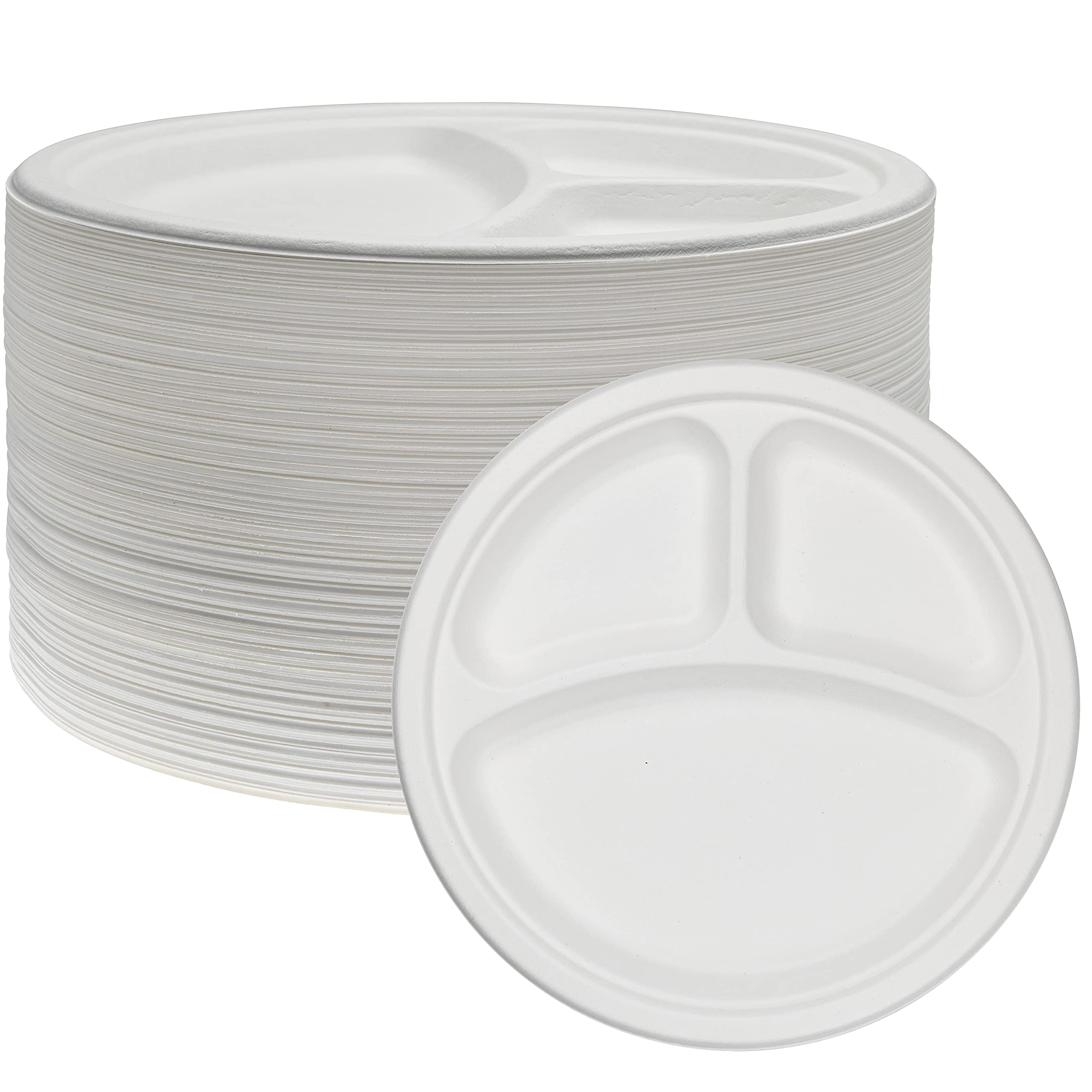 Heavy Duty 10 Inch Disposable 3 Compartment Divided Plates - Eco-Friendly Sugarcane Fiber Plates for Adults & Kids - Leak & Cut Resistant - 125 Pack White Paper Plates for Parties, Picnics, School Lunches & Catering Events