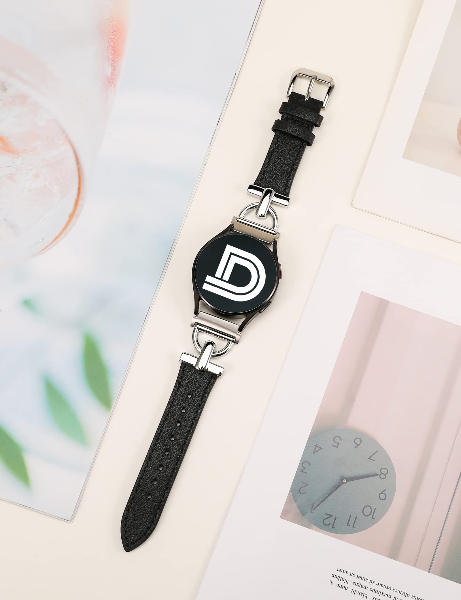 Wearlizer 20mm Leather Watch Band for Samsung Galaxy Watch 7/6/5/4 - Black/Silver - Perfect for Work & Casual Wear