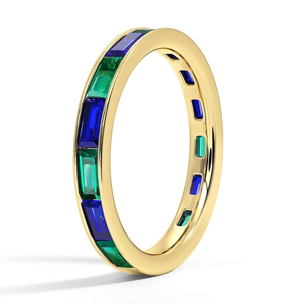 Lab-Created Sapphire & Emerald Channel Set Baguette Promise Ring - Elegant Stackable Band for Engagement, Wedding, Anniversary & Everyday Wear