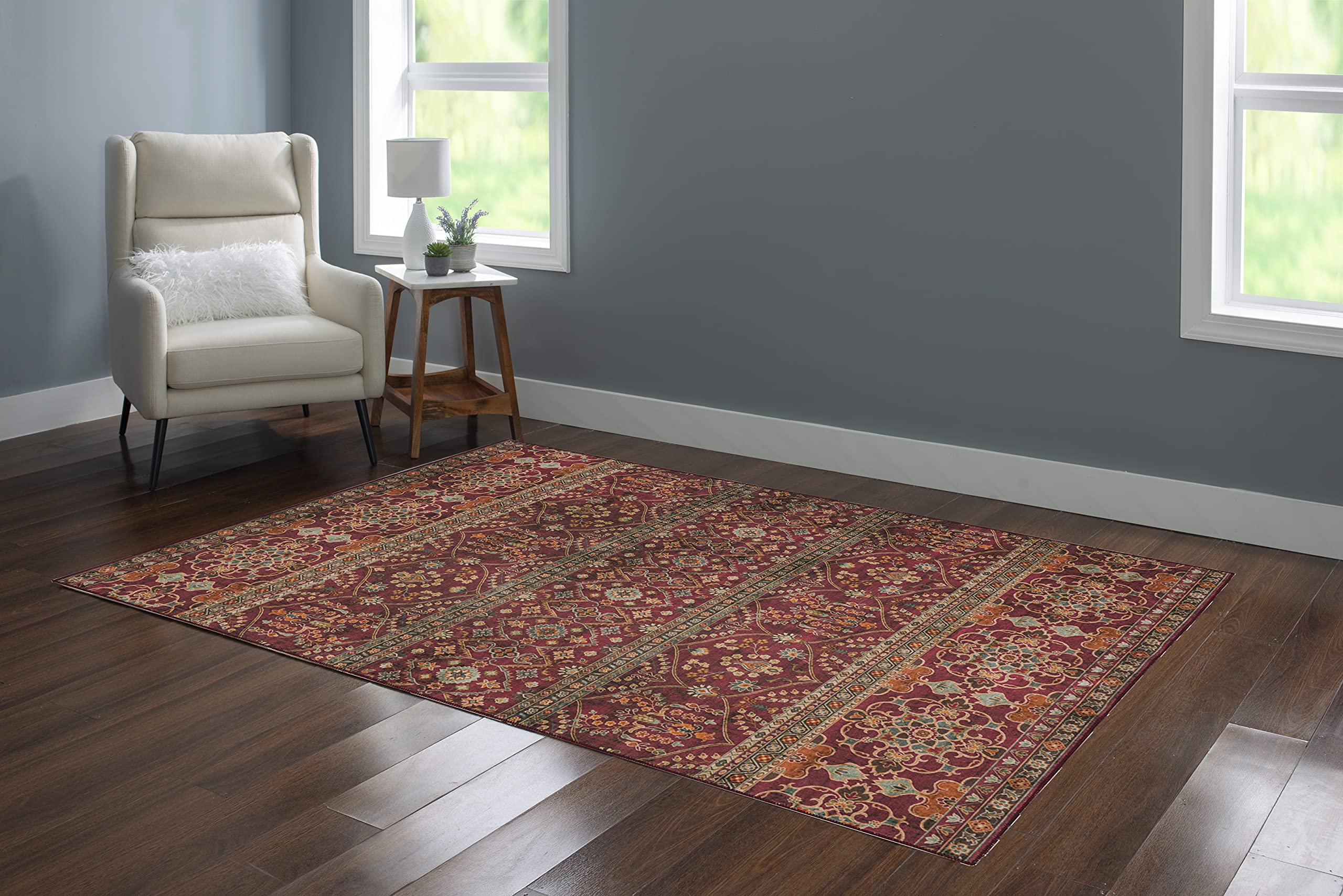 Linon Home Decor Washable Area Rug 5' x 7' - Yarit Garnet & Ivory - Soft Non-Slip Indoor Outdoor Rug for Living Room, Bedroom, Patio