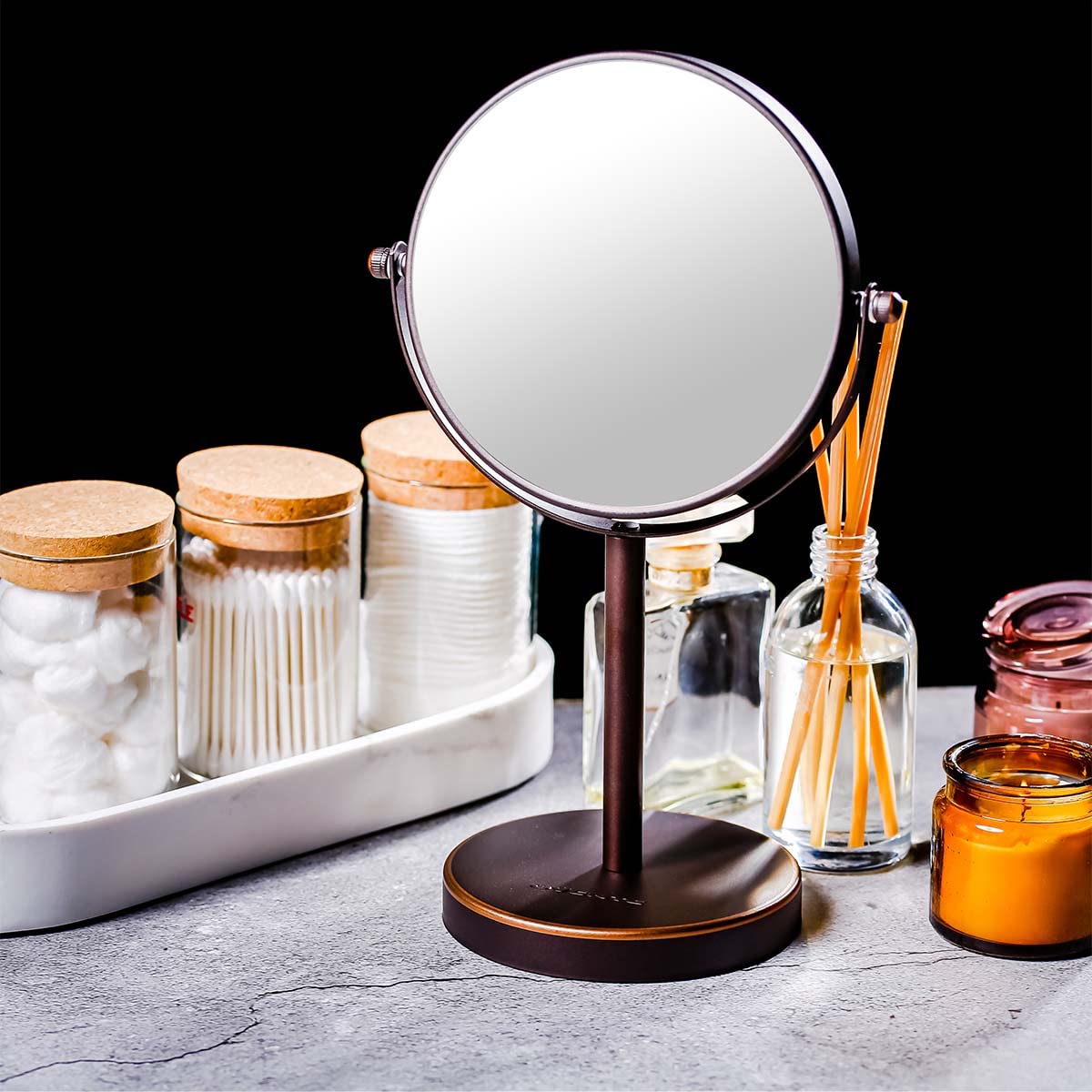 OVENTE 6-Inch Double-Sided Makeup Mirror with 1X & 7X Magnification, 360° Swivel Stand - Antique Bronze Vanity Mirror for Dresser, Bedroom & Office | Perfect for Makeup Application, Skincare Routine & Grooming