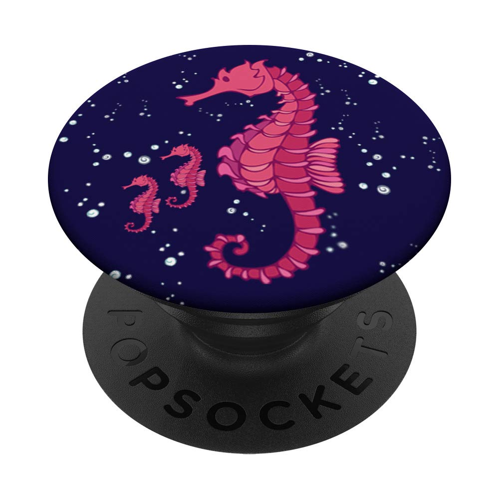 Pink Seahorse Mom and Babies Blue Marine Biologist PopSockets PopGrip - Swappable Phone & Tablet Grip for Marine Enthusiasts | Perfect for Ocean-Themed Decor, Science Lovers, and Phone Protection