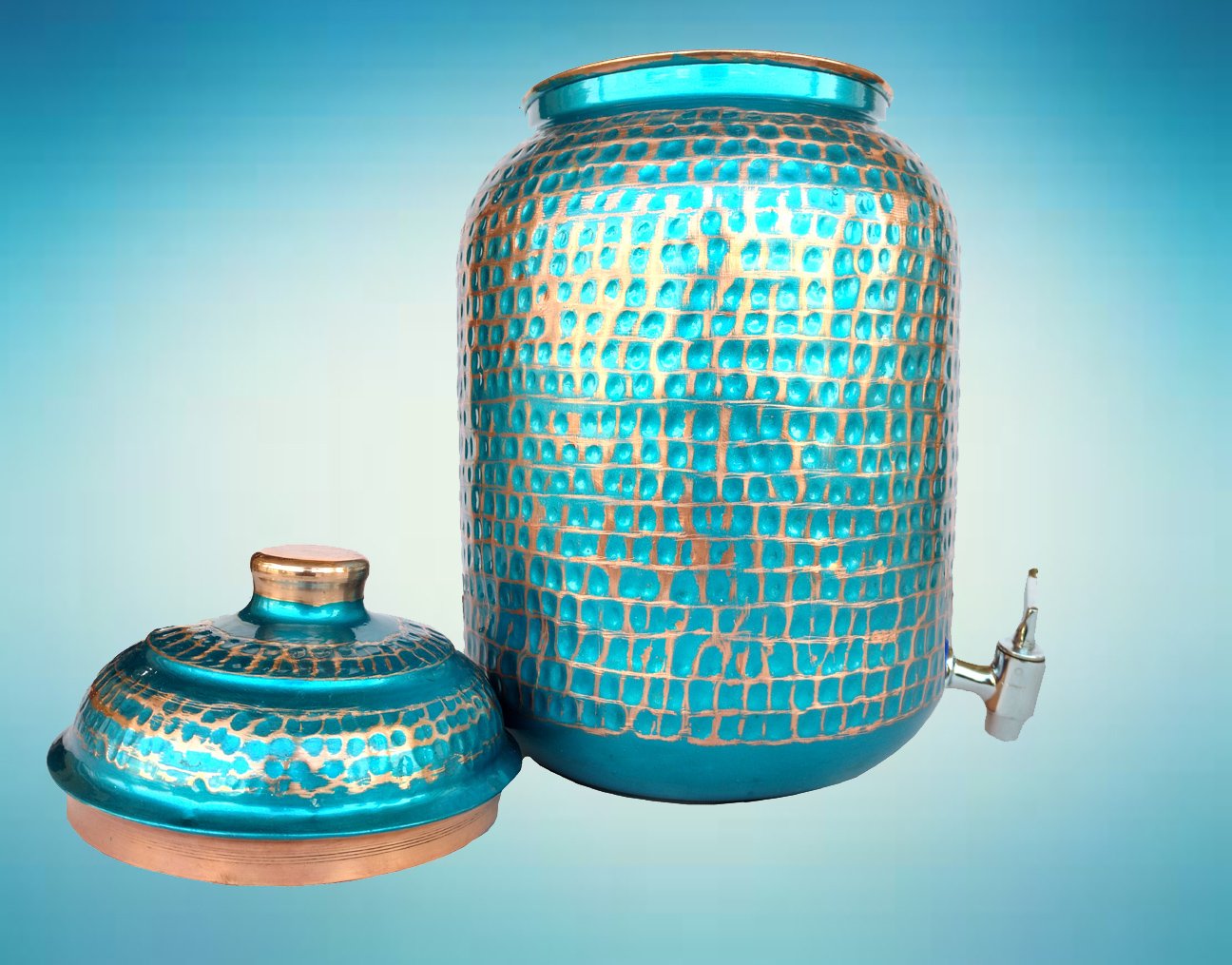 Pure Copper Hammered Water Storage Tank & Bottle Set - 4 Liter Capacity, Blue Pot with Tumbler - Traditional Handcrafted Copperware for Ayurvedic Water Purification, Home Decor & Wellness Rituals