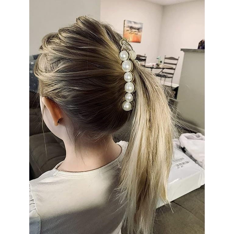 2 PCS Pearl Hair Clips - Banana Clips & Ponytail Holders for Women & Girls | Rhinestone Barrettes for Thick & Fine Hair | Elegant French Hair Accessories for Weddings, Parties & Daily Use