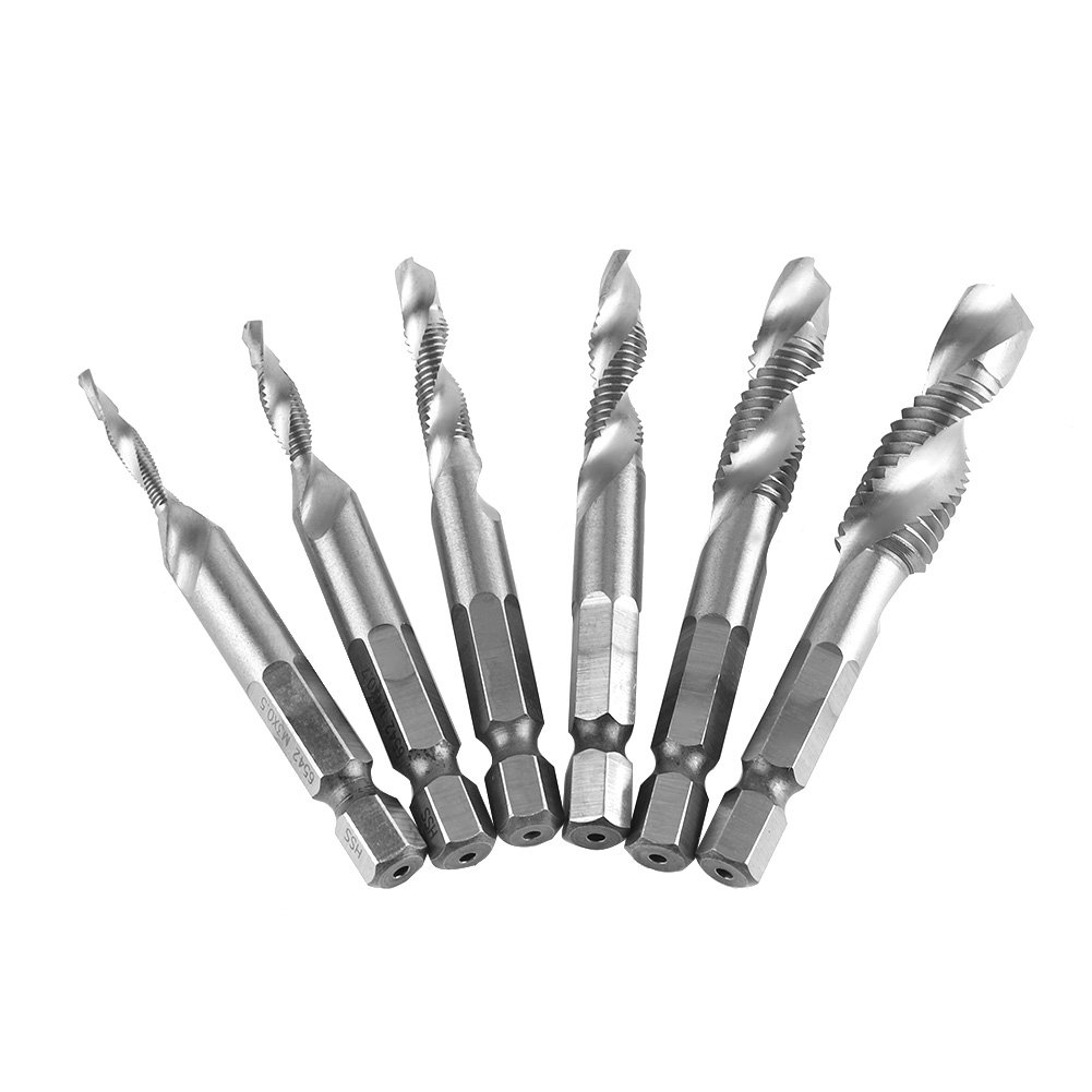 6pcs M3-M10 High-Speed Steel Hex Shank Combination Screw Tap Drill Bit Set - Professional Hardware Tools for Metalworking, Woodworking & DIY Projects (White Diamond Coating)