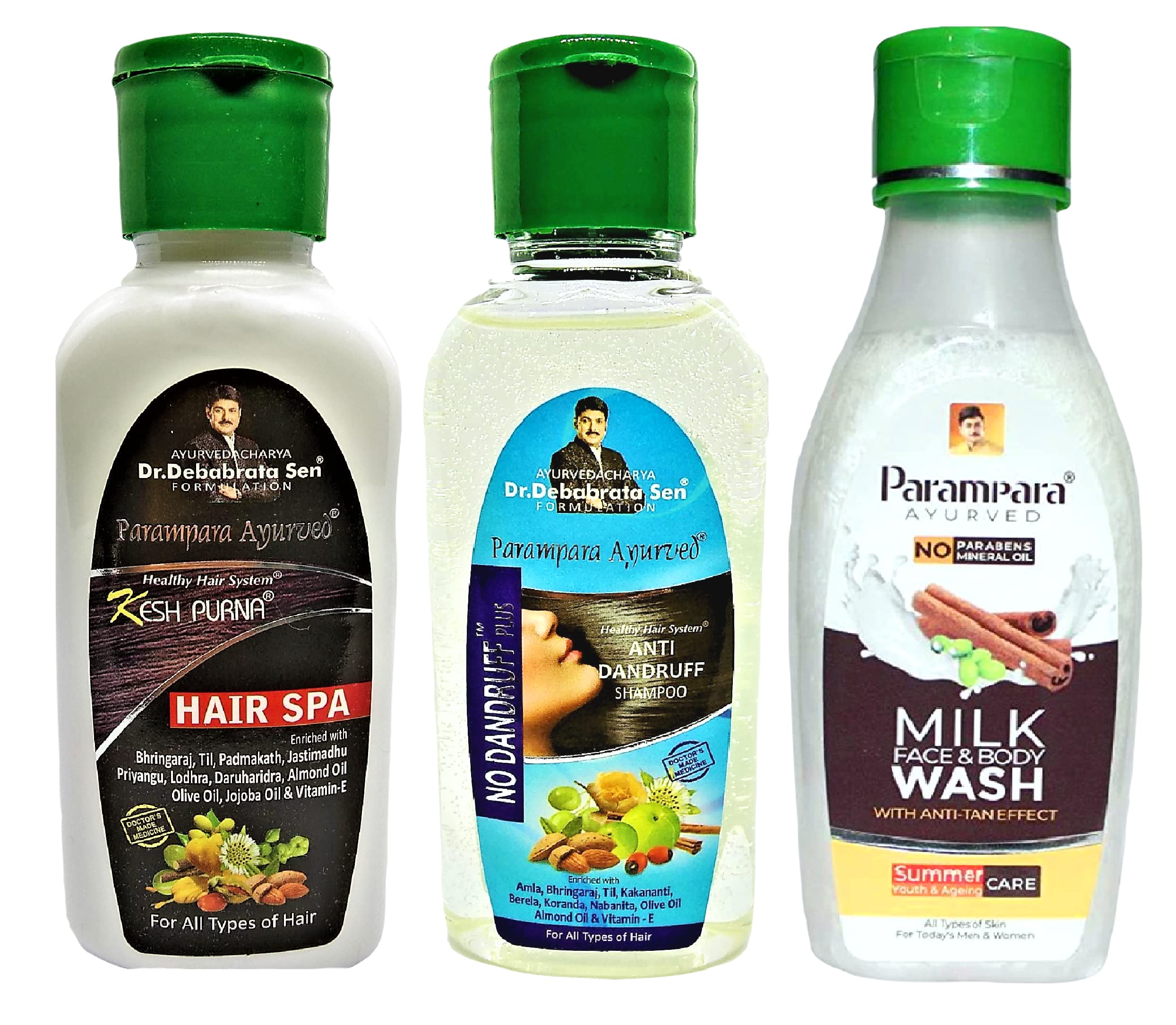 Parampara Ayurveda Combo Pack - Anti-Dandruff Shampoo, Kesh Purna Hair Spa, Milk Face & Body Wash | Natural Hair & Skin Care for Nourishment, Damage Repair & Deep Conditioning | 100ml Each (Pack of 3, 300ml Total) | Perfect for Daily Hair & Skin Routine, Spa Days & Ayurvedic Self-Care