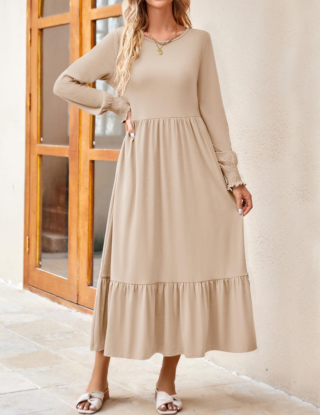 ZESICA Women's Spring Long Sleeve Dress 2025 - Crewneck Casual Loose Pleated Tiered Swing Midi Dress with Pockets | Perfect for Office, Brunch & Spring Outfits