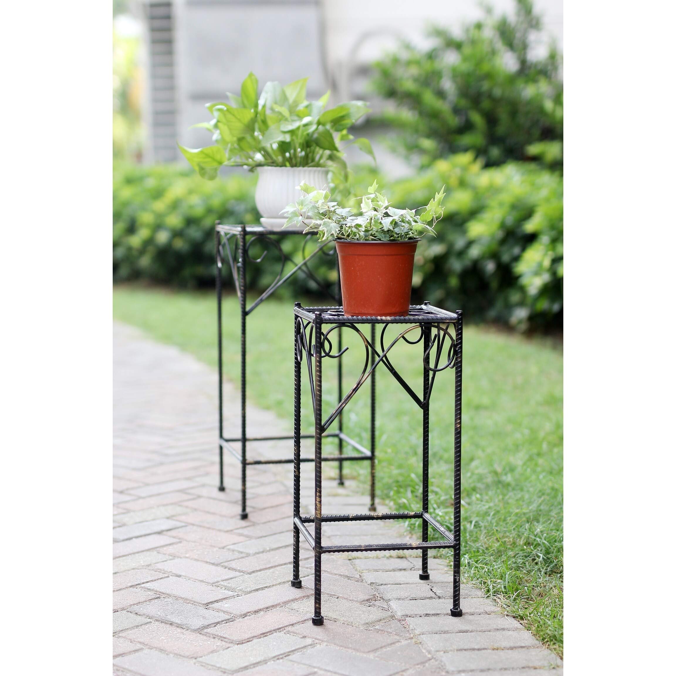 Square Cast Iron Plant Stand Set of 2 - Heavy Duty Black Metal Flower Pot Holder for Indoor Outdoor Garden, Patio, Balcony Decor