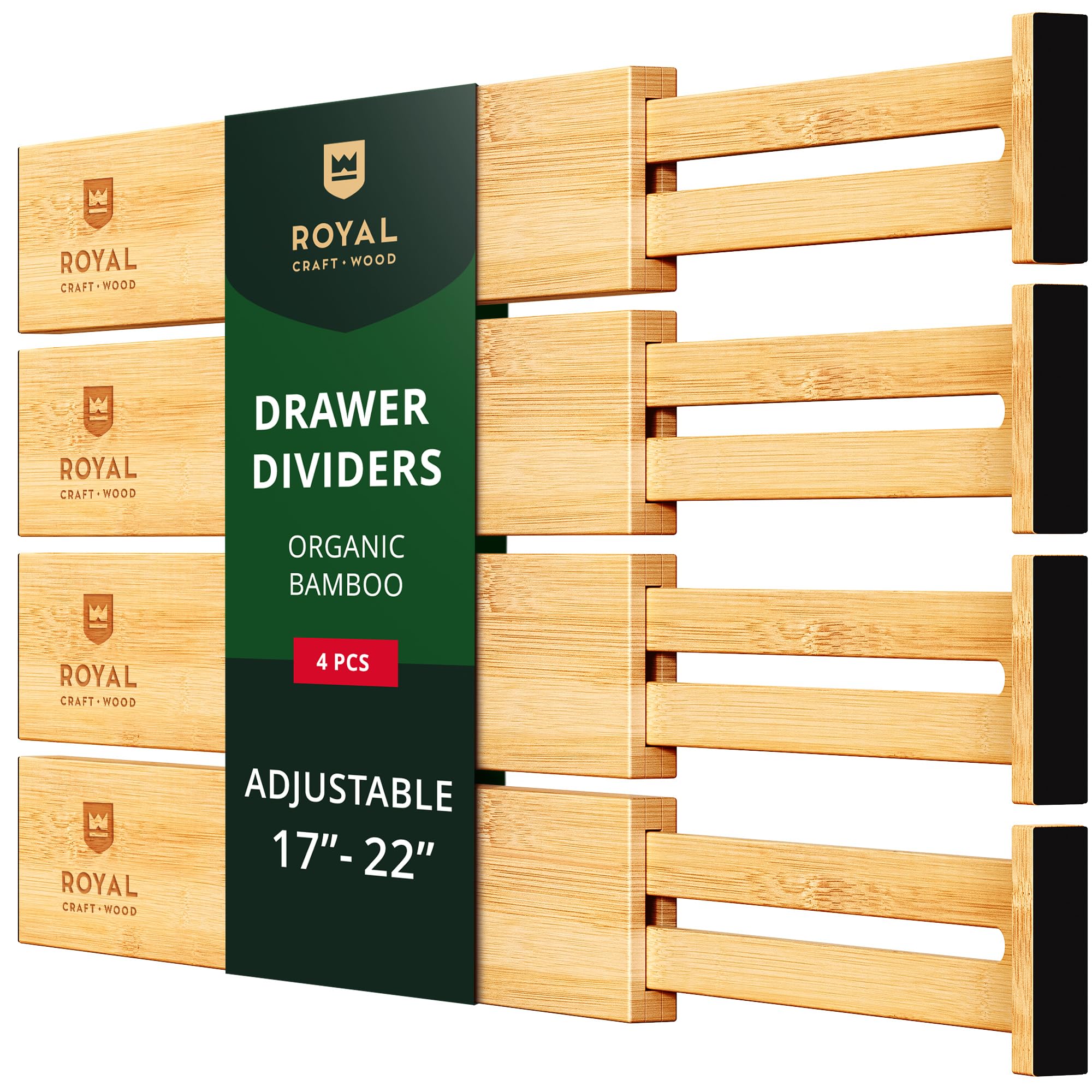 Adjustable Bamboo Drawer Dividers Organizer Set - 4-Pack Expandable Kitchen & Bedroom Drawer Organizers (17-22 Inch) - Natural Wood Drawer Separators for Utensils, Socks, Underwear & Office Supplies - Perfect for Home Organization & Decluttering