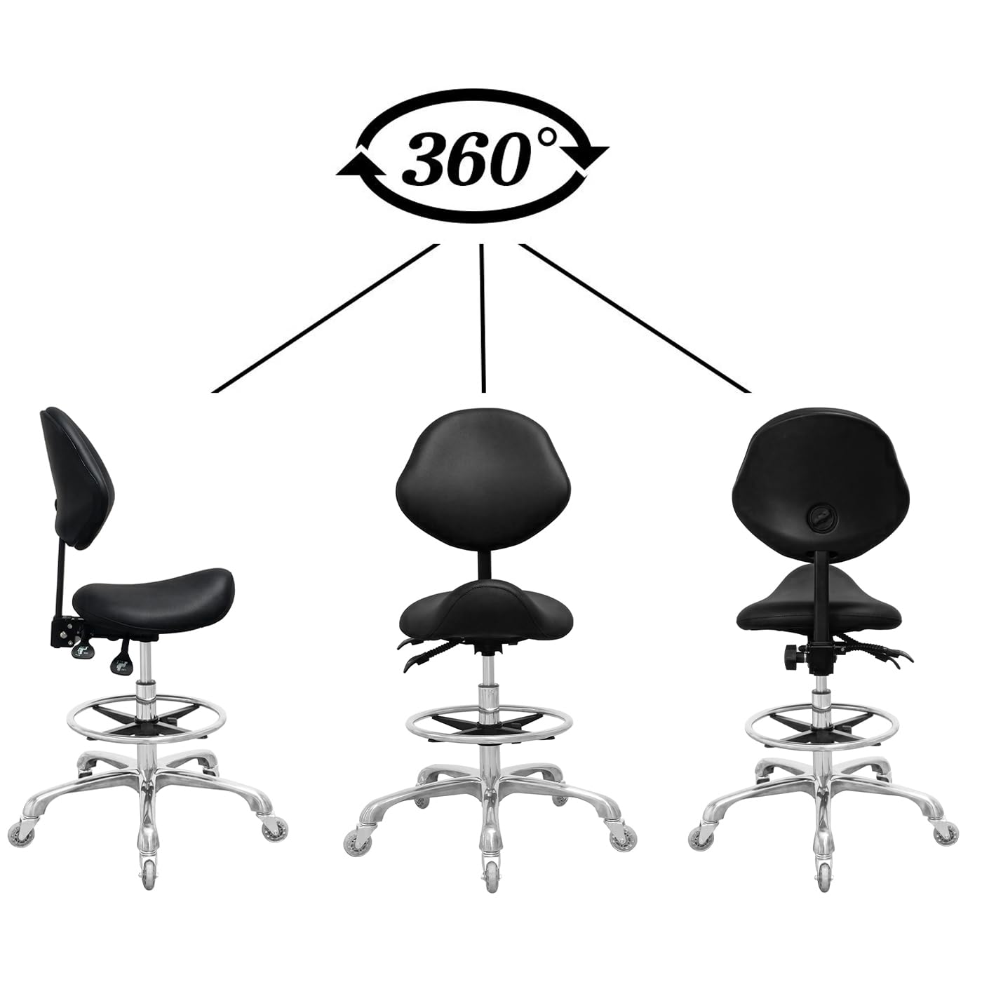 Heavy-Duty Hydraulic Adjustable Saddle Stool with Back Support & Footrest - 350LBS Capacity, Swivel Rolling Chair for Salon, Spa, Massage, Dental Clinic, Home & Office Use (Black) - Perfect for Hair Stylists, Therapists & Long Work Sessions