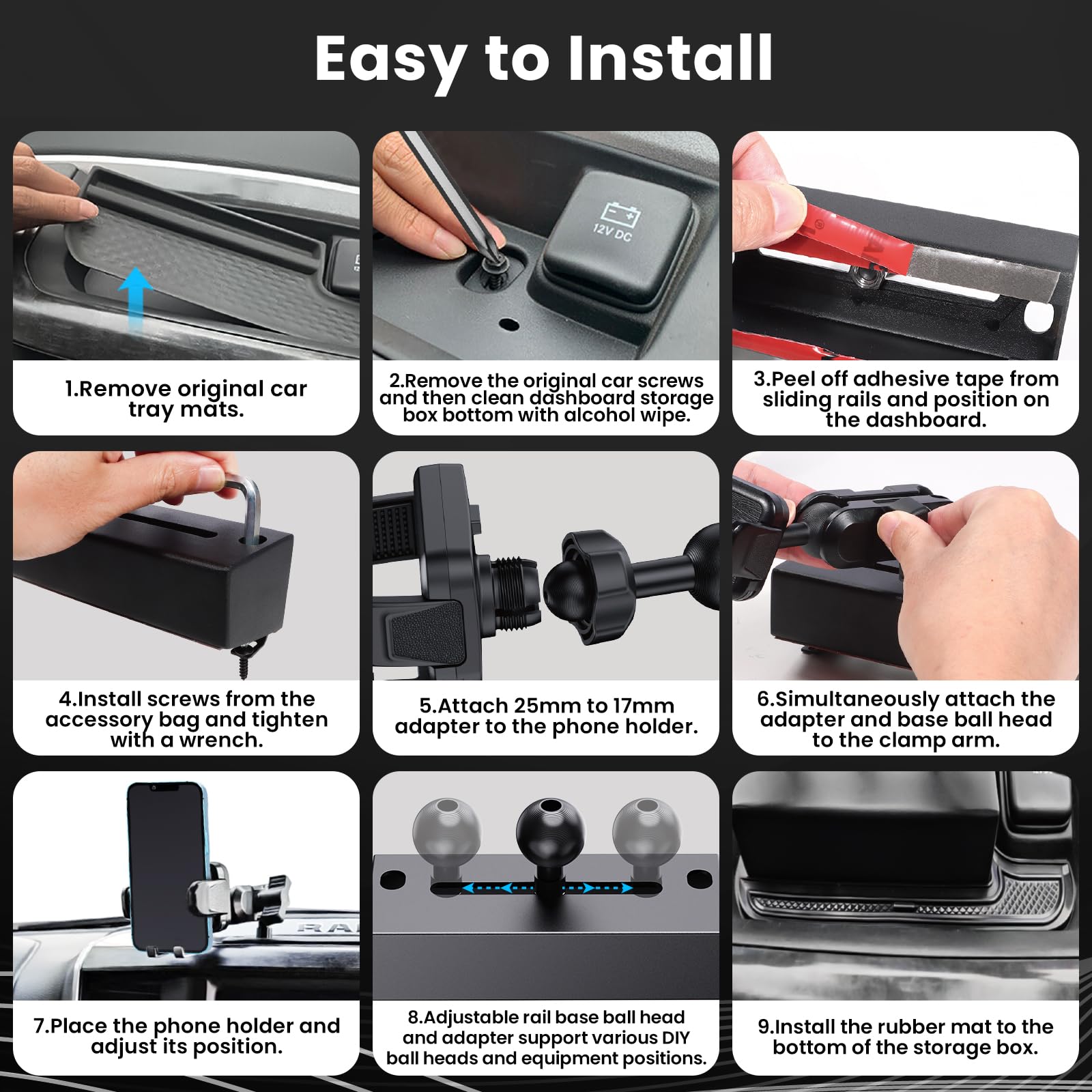 Upgraded Metal Phone Mount for Ram Truck 2019-2023 - Universal Dash Mount Cell Phone Holder Compatible with Dodge RAM 1500/2500/3500 & TRX Models - 360° Adjustable Car Phone Stand for iPhone, Samsung, Pixel - Perfect for GPS Navigation & Hands-Free Driving