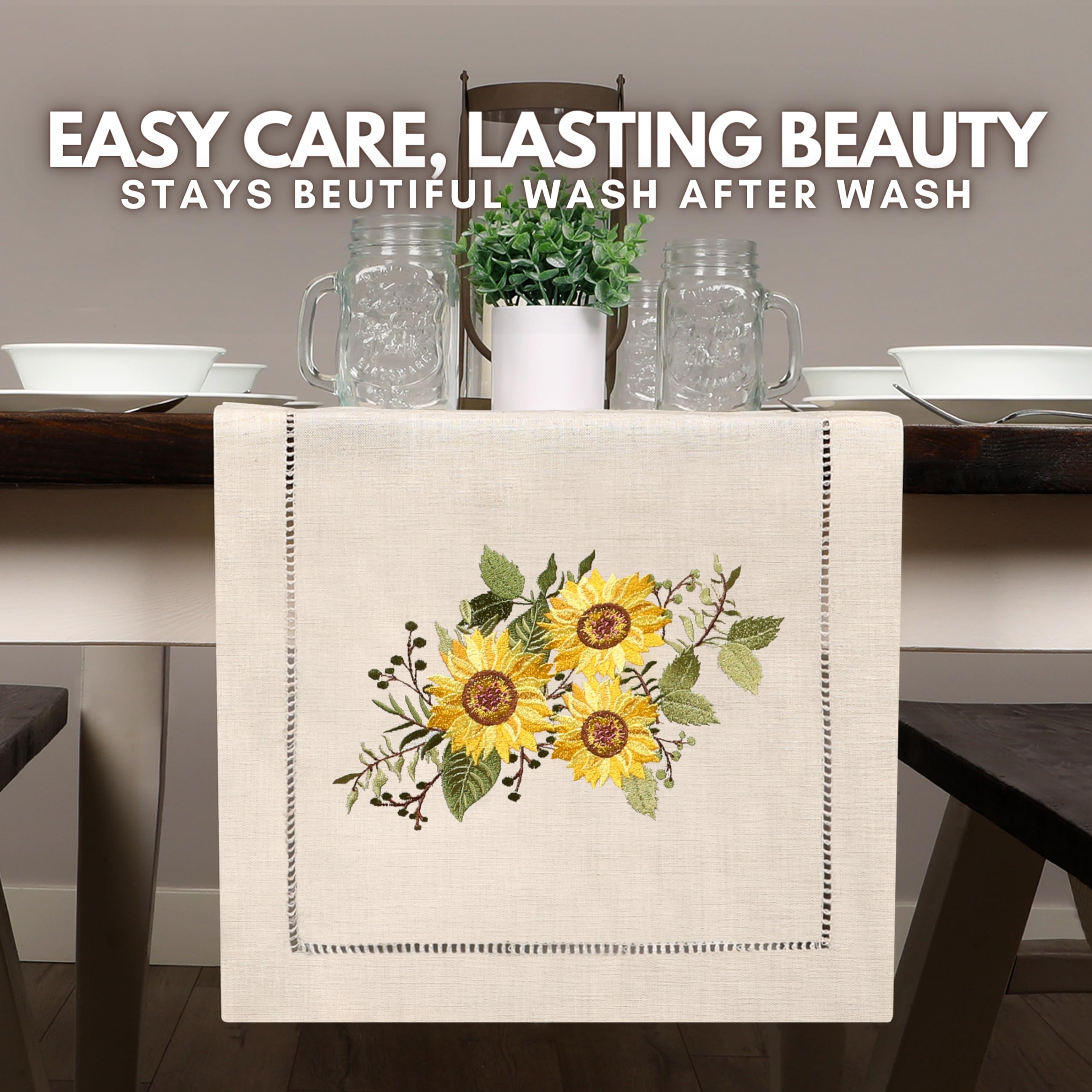 Sunflower Embroidered Beige Table Runner with Hemstitch - 14x108 Inch Rustic Farmhouse Decor for Dining Table, Coffee Table, Dresser & Bedroom - Perfect for Weddings, Holidays & Home Decoration