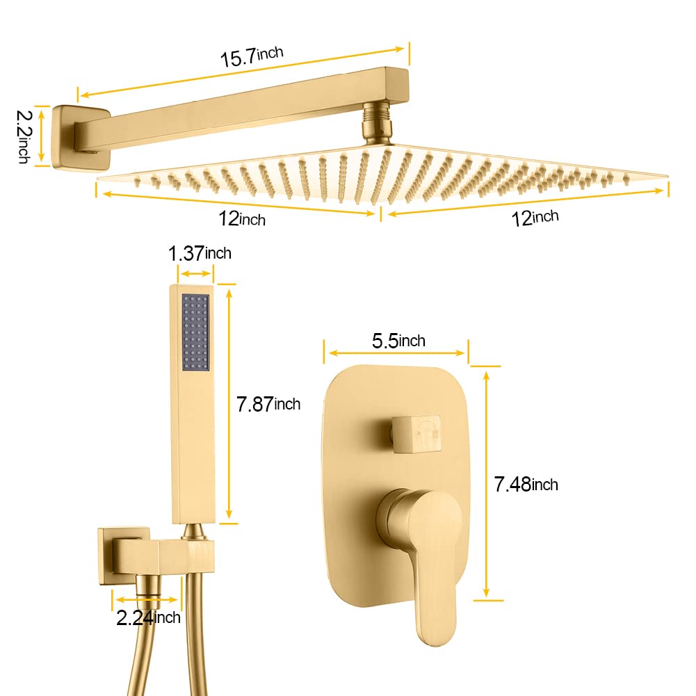 Solid Brass Wall Mounted Shower Faucet Set with Handheld Shower - Modern Single Handle Bathroom Tub Filler in Brushed Gold Finish | Perfect for Luxury Bathroom Renovations & Spa-Like Shower Experience