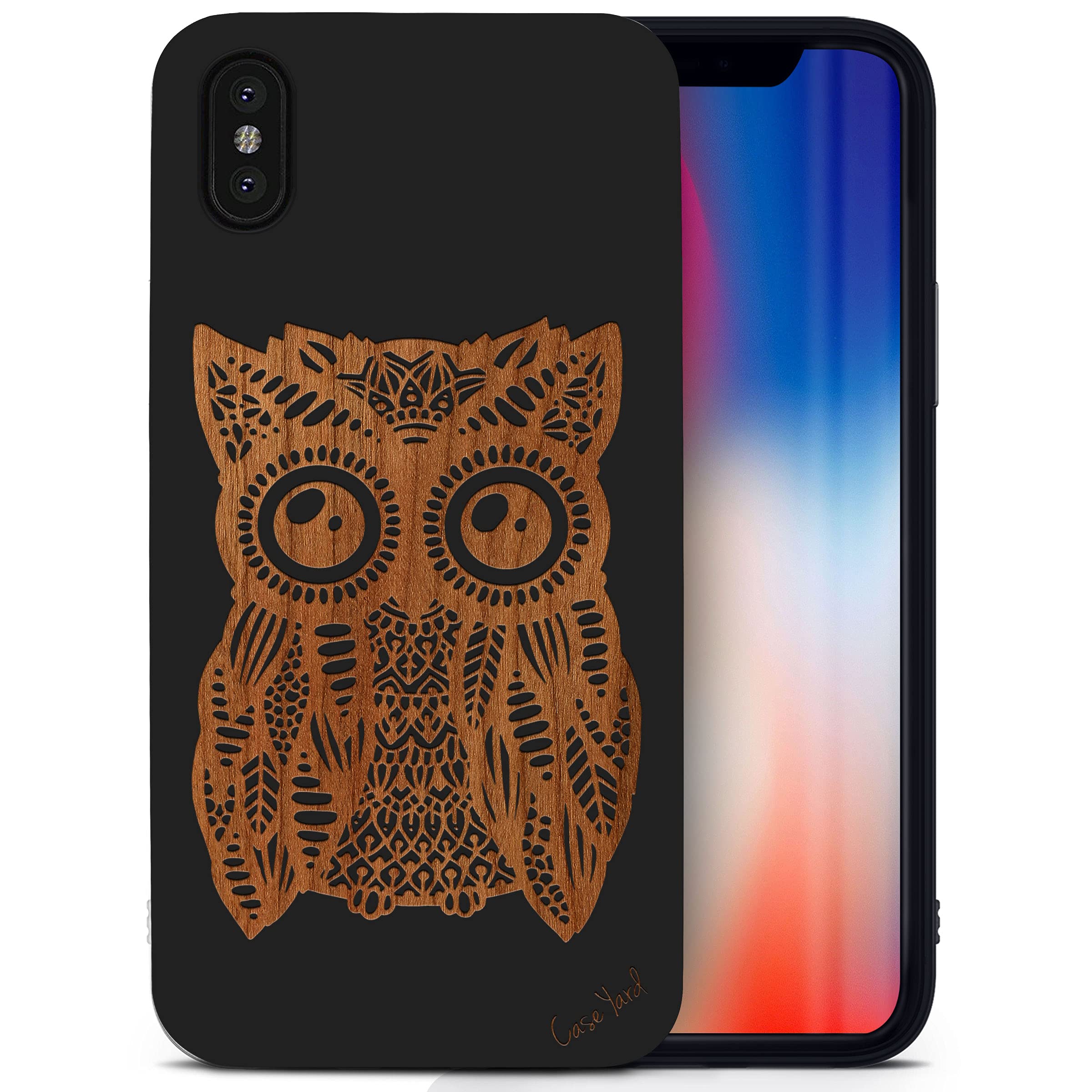 Wood Phone Case for iPhone X - Laser Engraved Great Owl Design, Black Wood Protective Shockproof Slim Fit Cover for Men & Women | Perfect for Outdoor Adventures & Everyday Protection