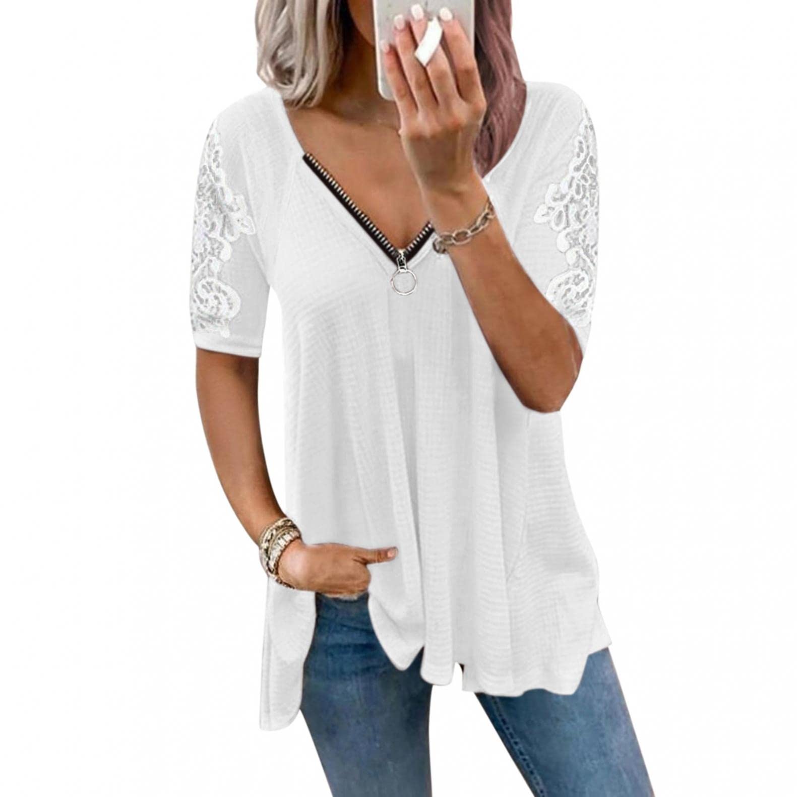 **Sexy Oversized V-Neck Lace Tunic Top for Women - Plus Size Short Sleeve Blouse with Zipper Detail | Perfect for Going Out, Parties & Casual Wear**
