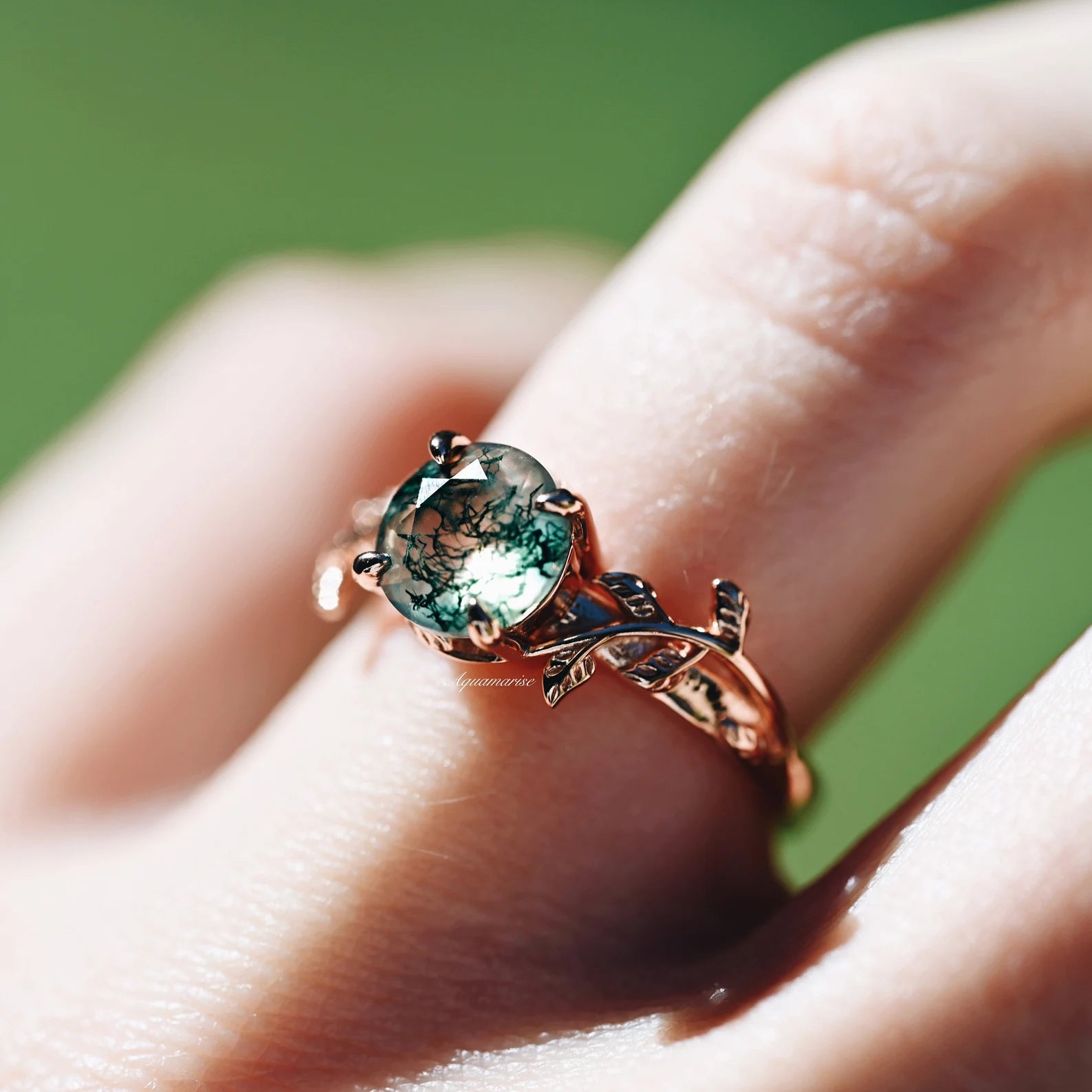 Natural Moss Agate Leaf Ring - 14K Rose Gold Vermeil Jewelry for Women | Elegant Nature-Inspired Gift for Her | Perfect for Weddings, Anniversaries & Everyday Wear