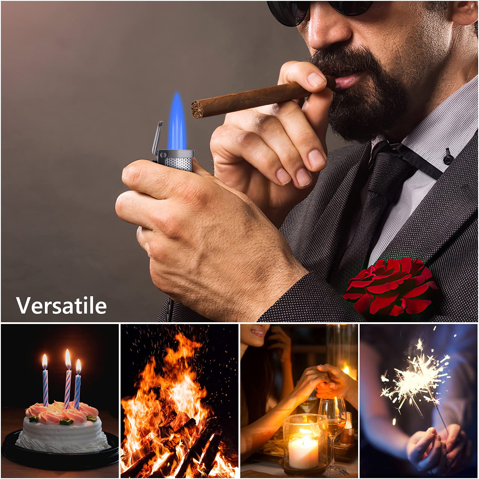 Premium Triple Flame Butane Torch Lighter - Windproof Refillable Jet Lighter with Hole Punch Cutter, Durable Metal Construction & Luxury Gift Box (Butane Not Included) - Perfect for Cigars, Cooking, DIY Projects & Outdoor Use