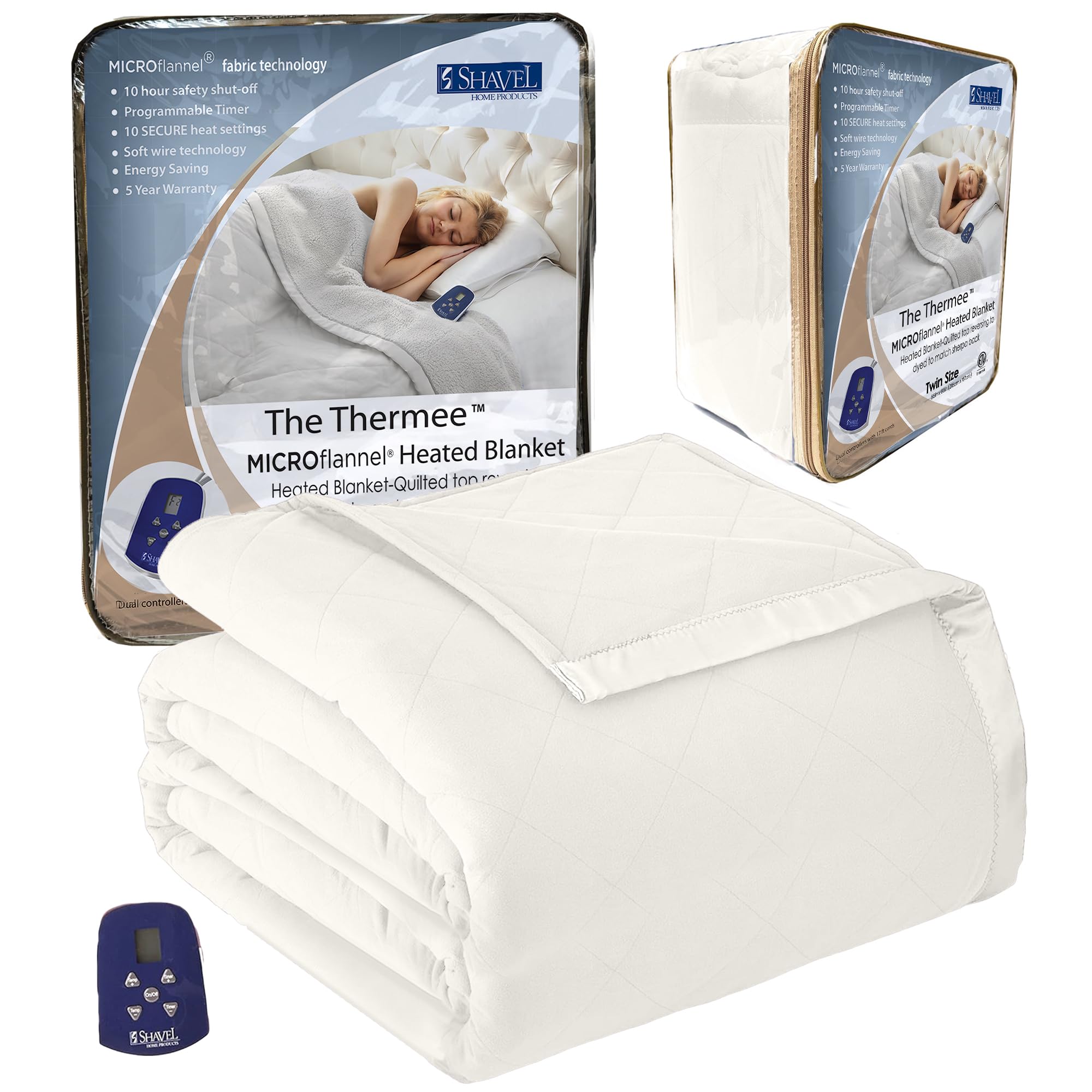 Thermee Micro Flannel Twin Size Heated Blanket - 10 Heat Settings, Programmable Electric Warming Blanket, Ultra Soft & Fast Heating Throw for Bed, Couch & Office - Sand Color