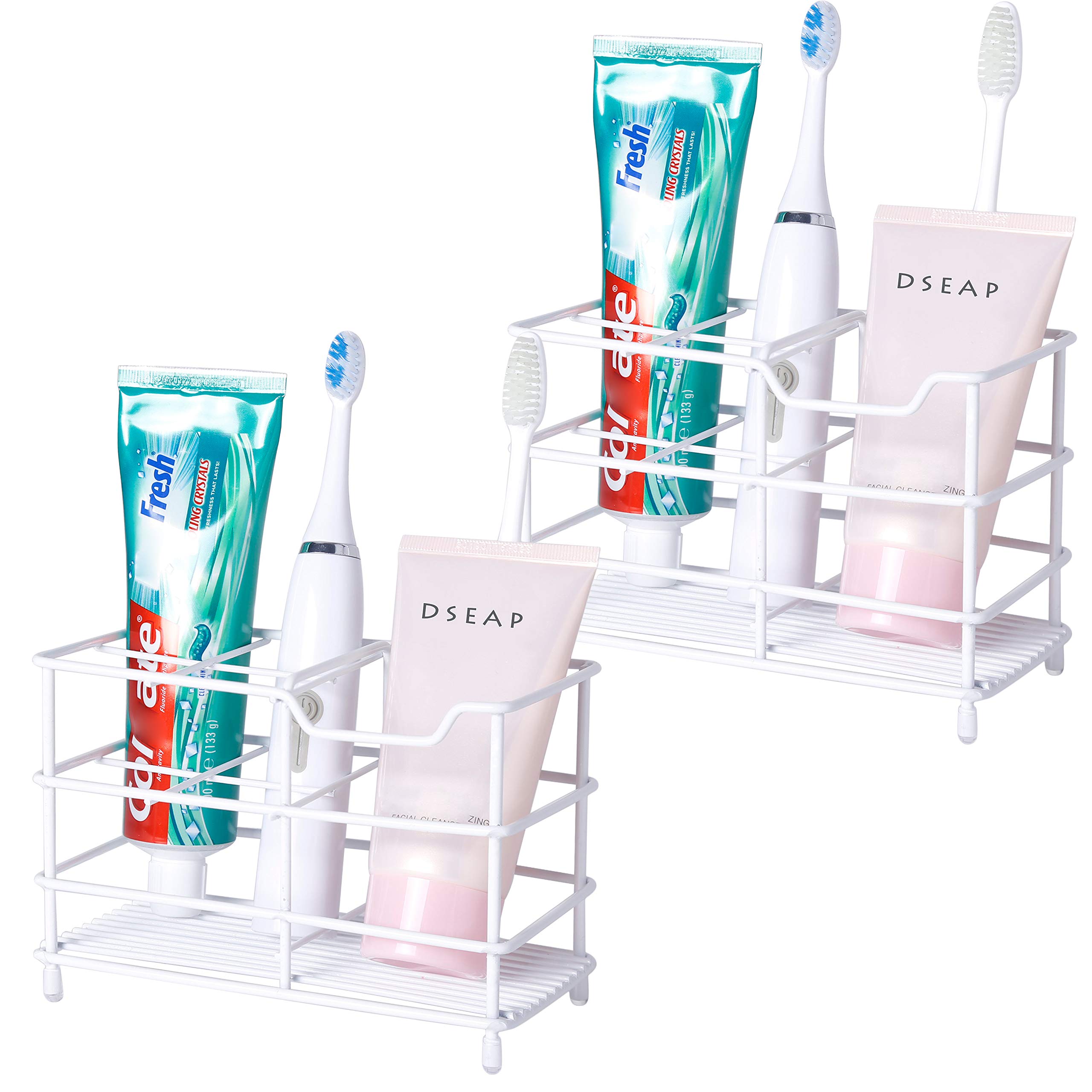 Stainless Steel Toothbrush Holder & Organizer Stand for Electric & Manual Toothbrushes - Bathroom Toothpaste Caddy, White (2-Pack) - Perfect for Countertop & Vanity Organization