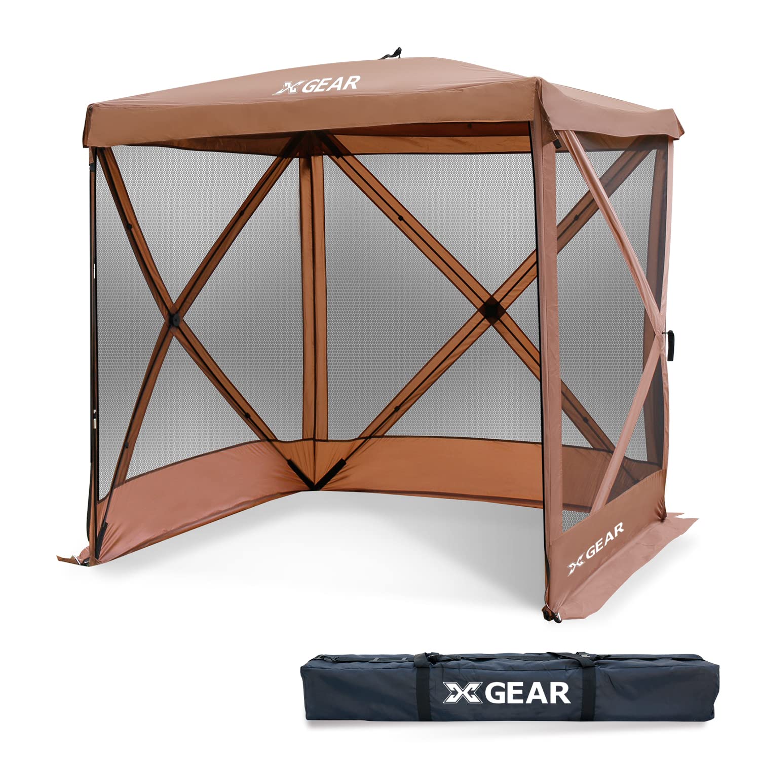 XGEAR 4-Sided Pop Up Camping Gazebo with Mosquito Net - Instant Canopy Sun Shelter for Patio, Backyard, Outdoor - Quick Setup Portable Screen House (Brown) - Perfect for Picnics, Beach Trips & Backyard BBQs