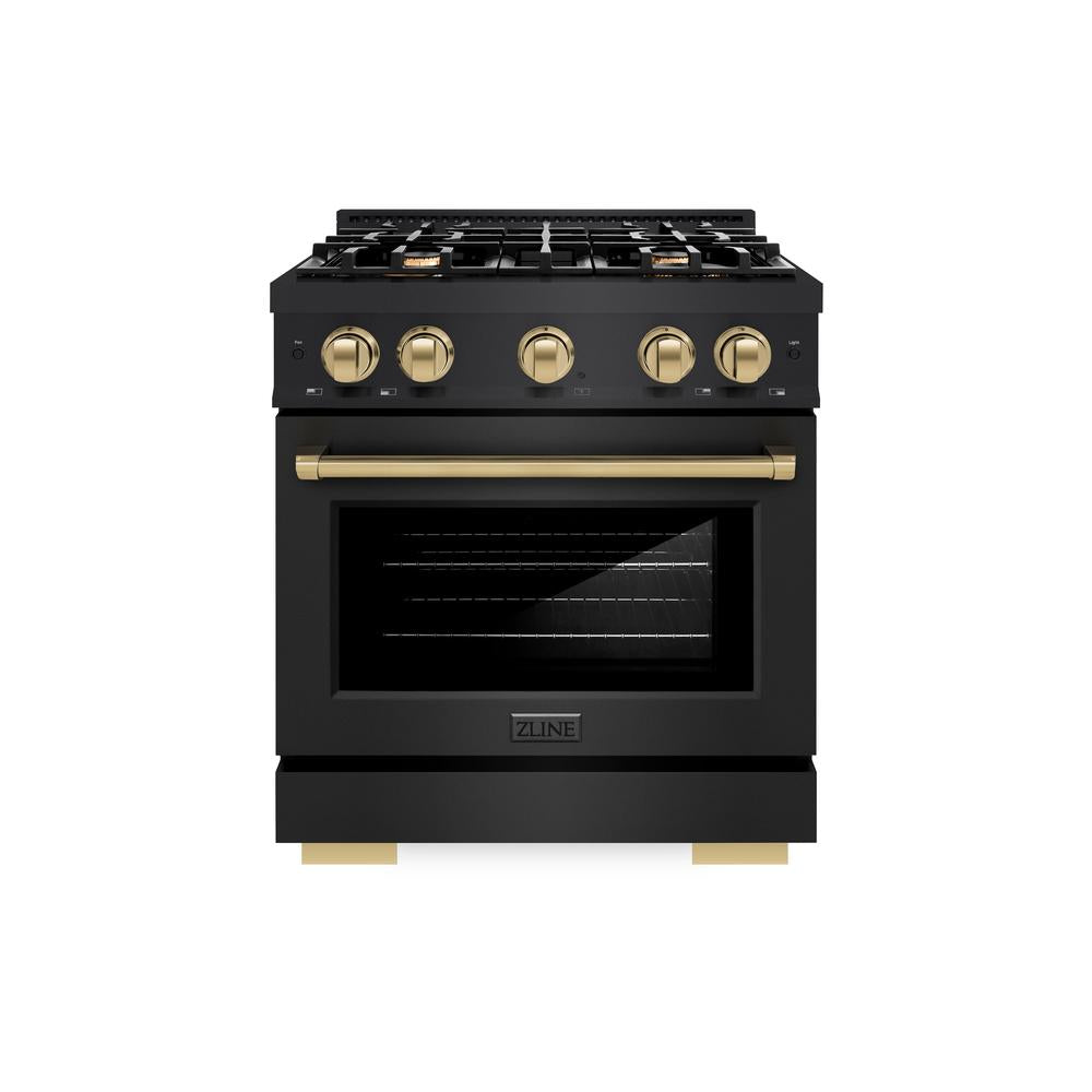 ZLINE Autograph Edition 30-inch 4.2 cu. ft. Dual Fuel Range with 4-Burner Gas Cooktop & Electric Convection Oven - Black Stainless Steel with Champagne Bronze Accents (HDRBZ 30 CB) | Professional Kitchen Appliance for Home Chefs & Cooking Enthusiasts