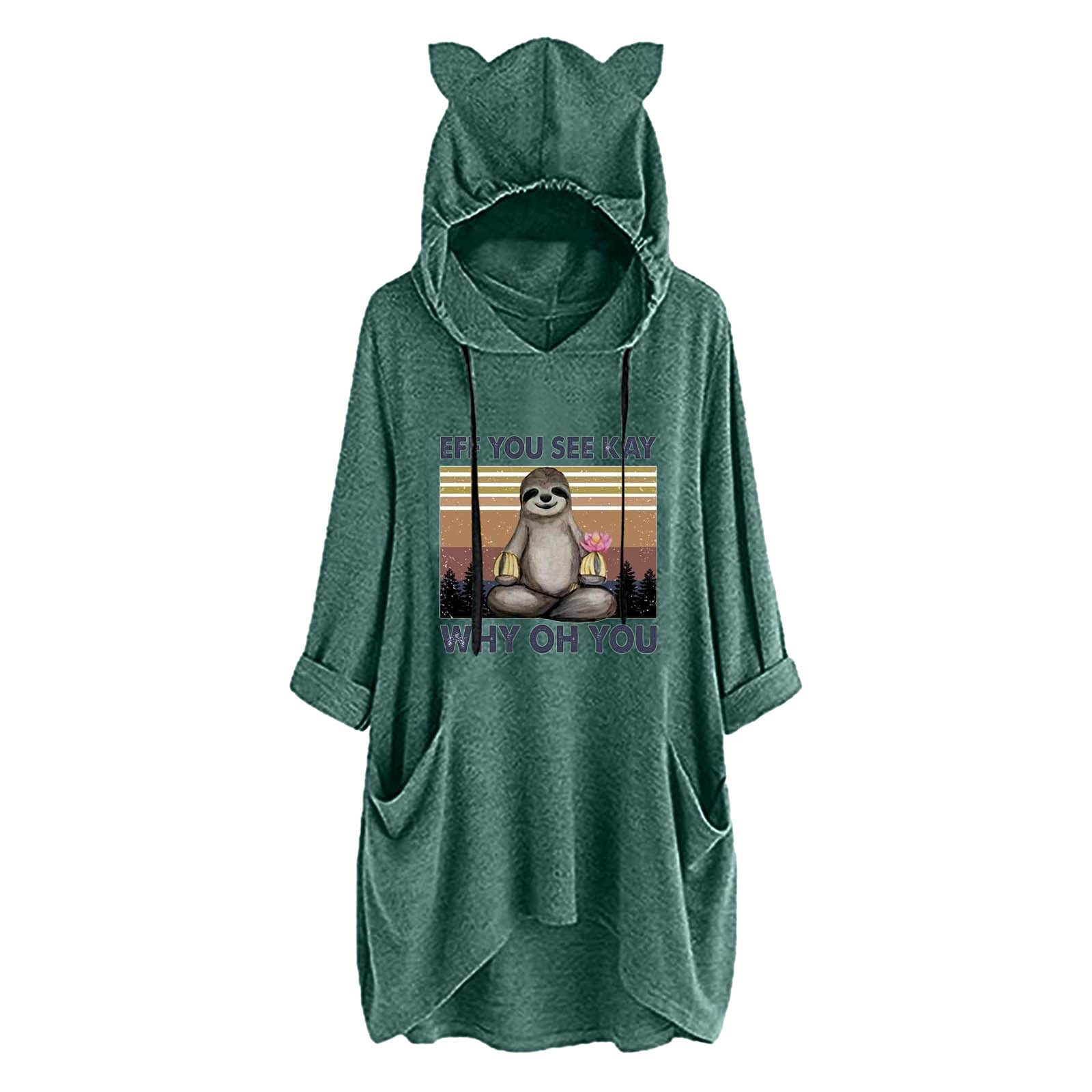 FIN86 EFF You See Kay Graphic Print Women's Long Sleeve Pocket Hoodie Tunic - Fashion Fall Winter Dress in Green | Casual Streetwear, Loungewear & Cold Weather Outfit