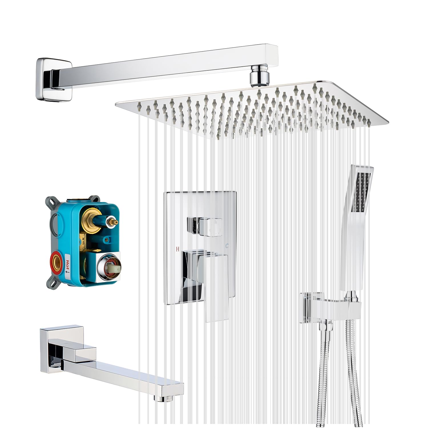 Luxury 10 Inch Wall Mounted Rainfall Shower System - Chrome Tub Spout Shower Faucet with Rough-in Valve Body & Trim - Perfect for Modern Bathroom Renovation & Spa-Like Shower Experience