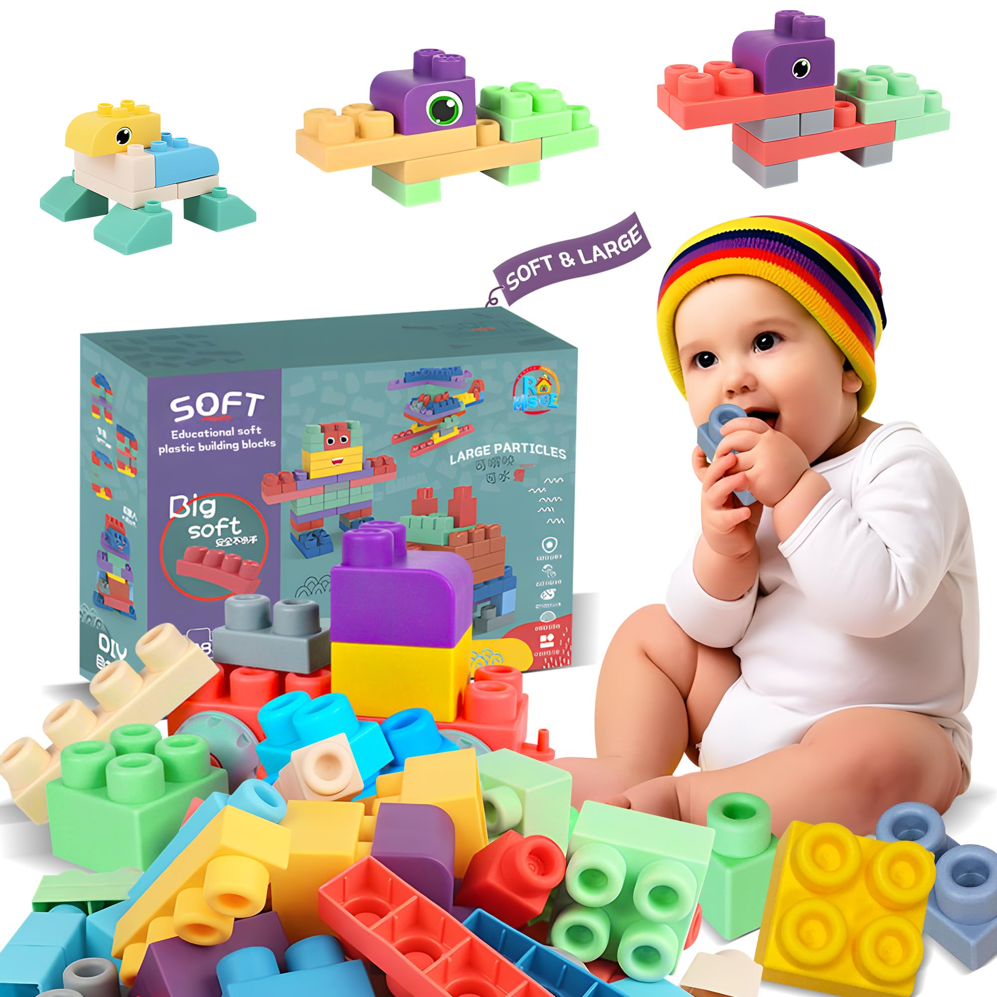 **Soft Baby Building Blocks - 46PCS STEM Educational Toys for Toddlers 6 Months & Up | Safe Rubber Sensory Blocks for Early Learning & Play | Perfect Gift for Infants, Daycare & Montessori Activities**