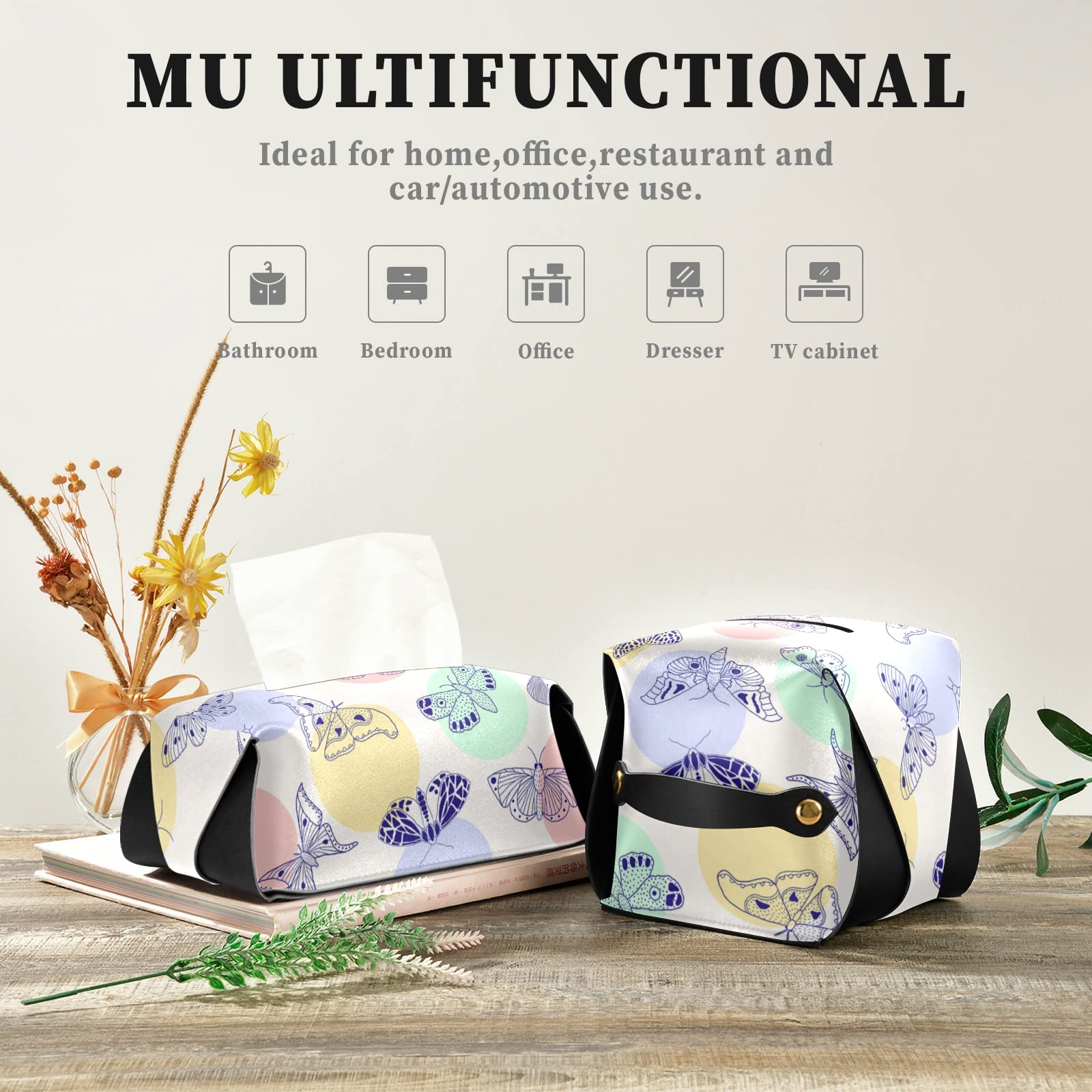 Butterfly Moth Pattern PU Leather Tissue Box Cover with Handle - Decorative Rectangular Tissue Holder for Bedroom, Bathroom, Living Room | Home Decor & Gift Idea