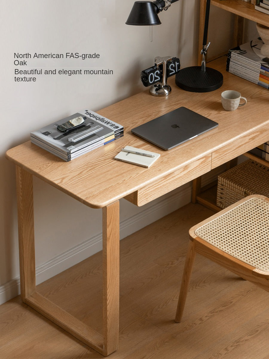 Solid Oak Wood Office Desk with Single Leg & Built-in Bookshelf - Modern Home Office Furniture for Work and Study