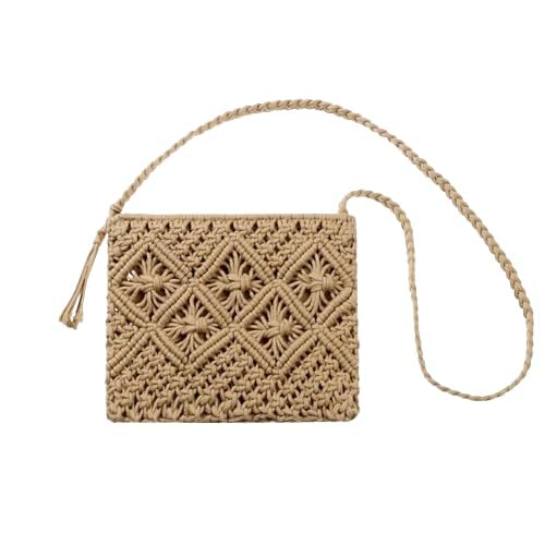 R.R.LALA Women's Macrame Woven Crossbody Bag - Bohemian Tassel Straw Beach Purse (25cm x 20cm, Beige) | Perfect for Summer Outings, Vacations & Boho Fashion