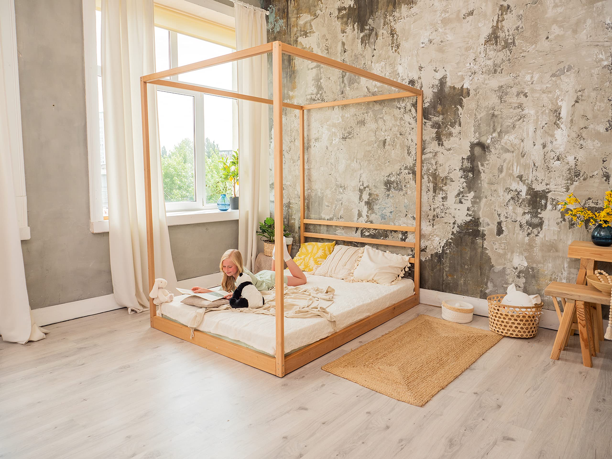 BUSYWOOD Canopy Platform Bed - Twin/Full/Queen Montessori Floor Bed Frame with Slats - Toddler & Kids Bed for Montessori & Waldorf Style Rooms - Perfect for Daytime Naps & Nighttime Sleep