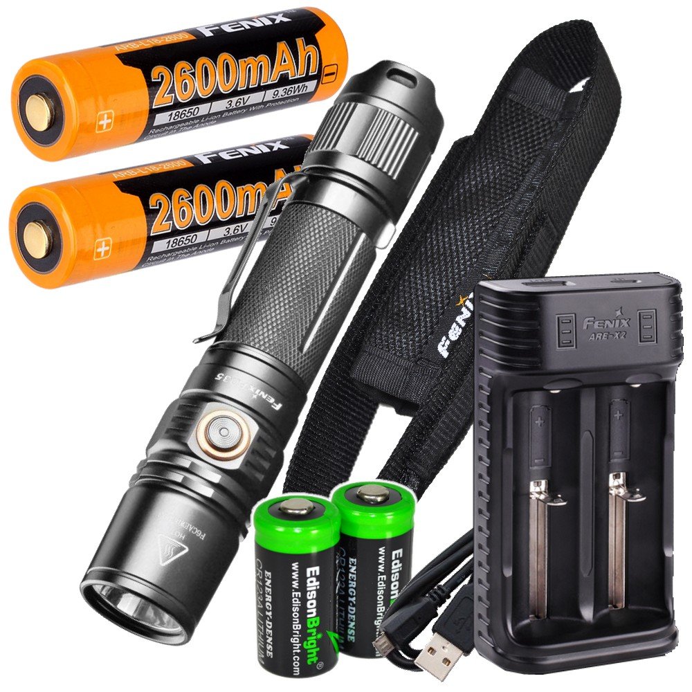 Fenix PD35 V2.0 1000 Lumen Tactical Flashlight with 2 Rechargeable Batteries, X2 Charger & CR123A Batteries - Perfect for Camping, Hiking, Emergency & Outdoor Adventures