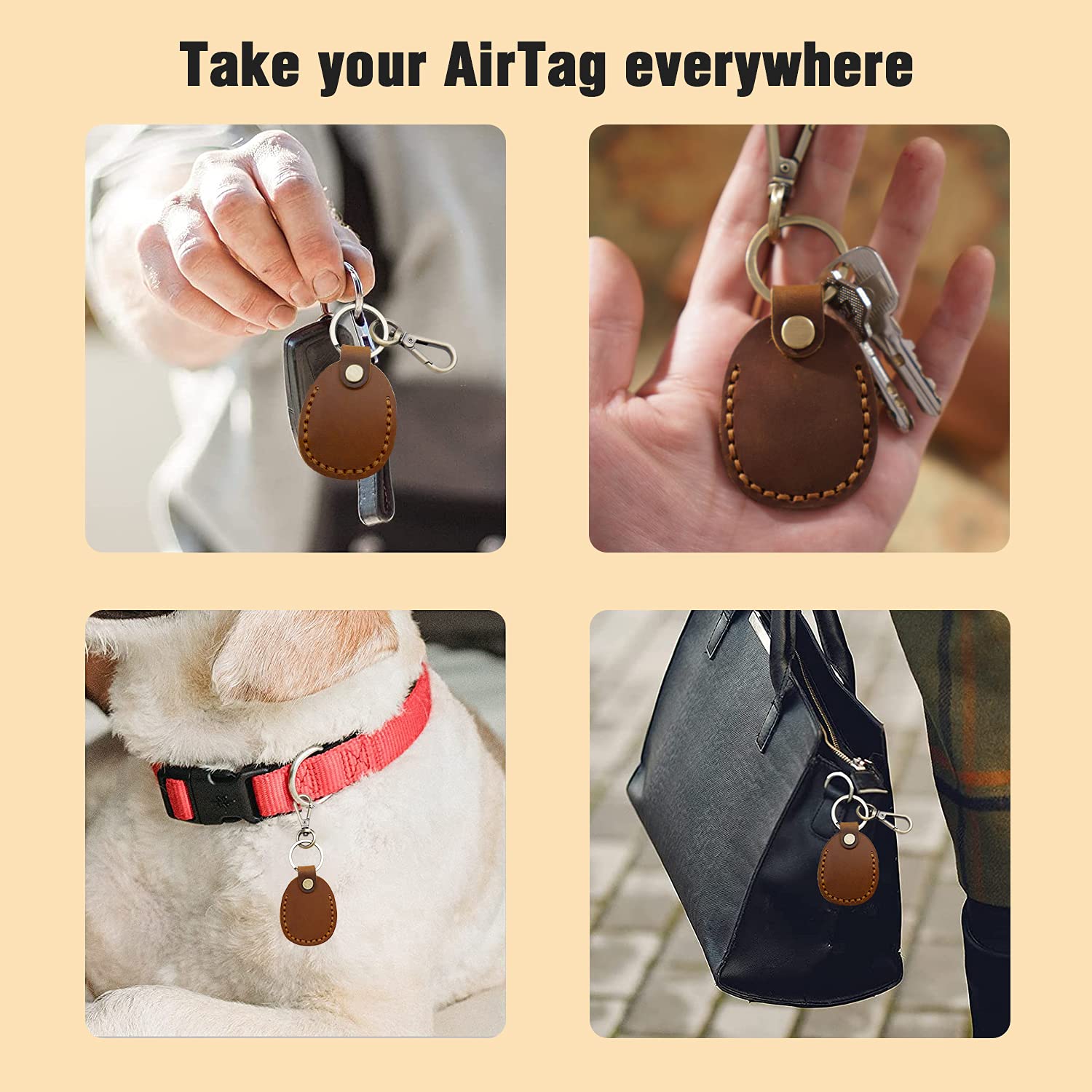 2 Pack Genuine Leather AirTag Holder Keychain - Durable Handmade Apple AirTag Case with Keyring, Full Coverage Protective Cover for AirTags (Black) - Perfect for Keys, Bags & Travel Accessories
