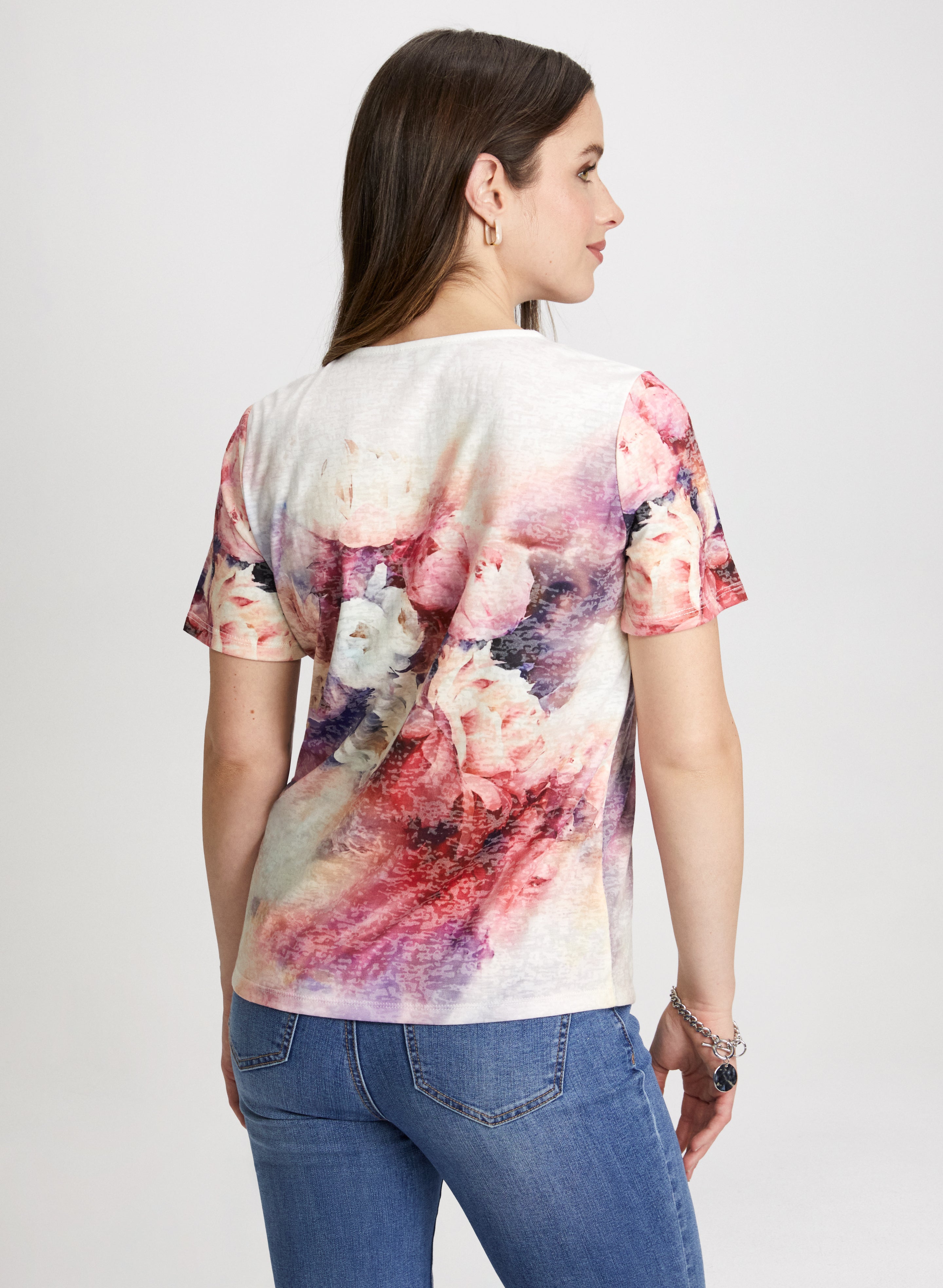 Floral Print Burnout Tee - Women's Fashion Vintage Style Soft Cotton T-Shirt for Casual Wear, Summer Outfits & Boho Style