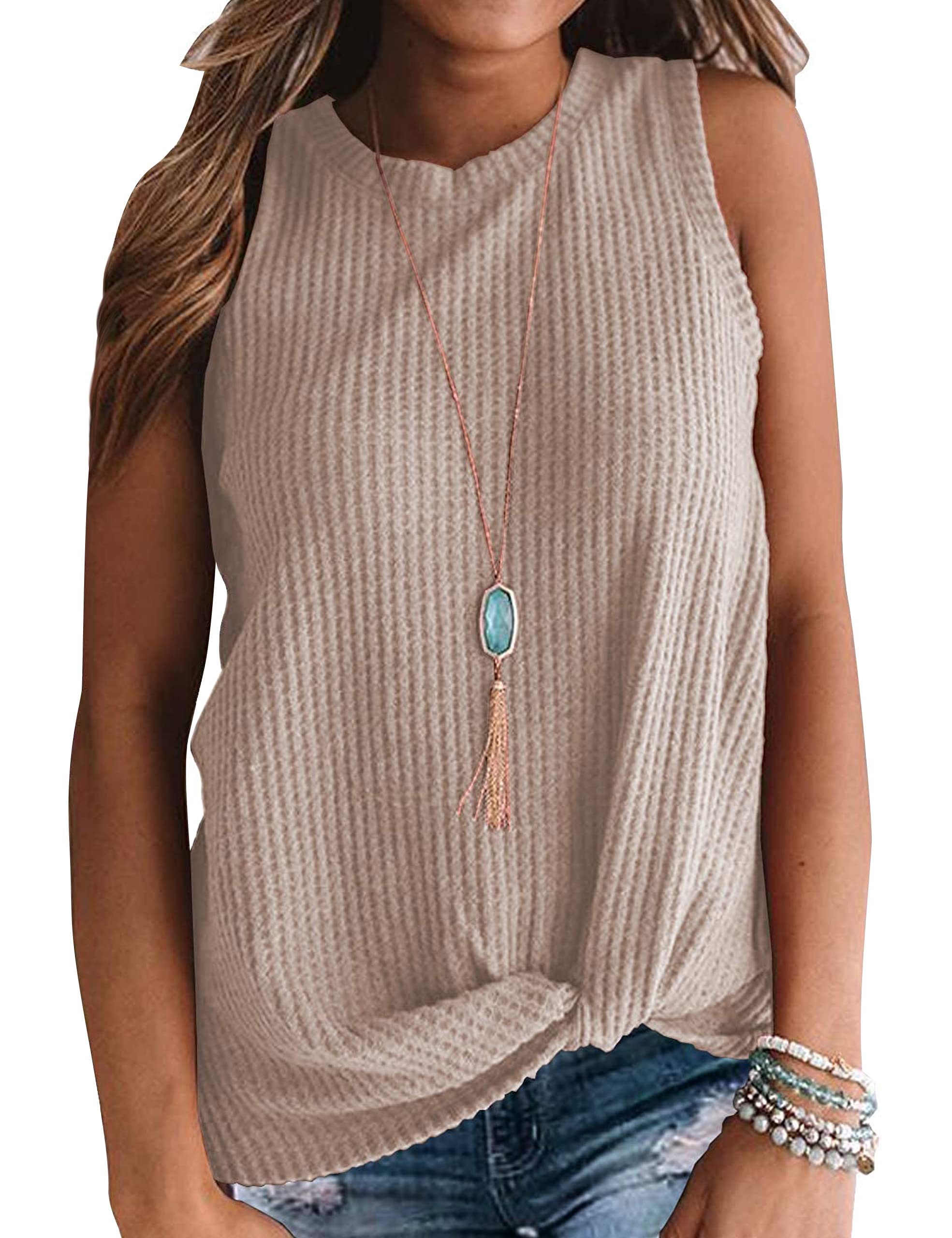 MIHOLL Women's Casual Sleeveless Twist Knot Waffle Knit Shirt Tank Top - Cute Summer Blouse for Beach, Date Night & Everyday Wear