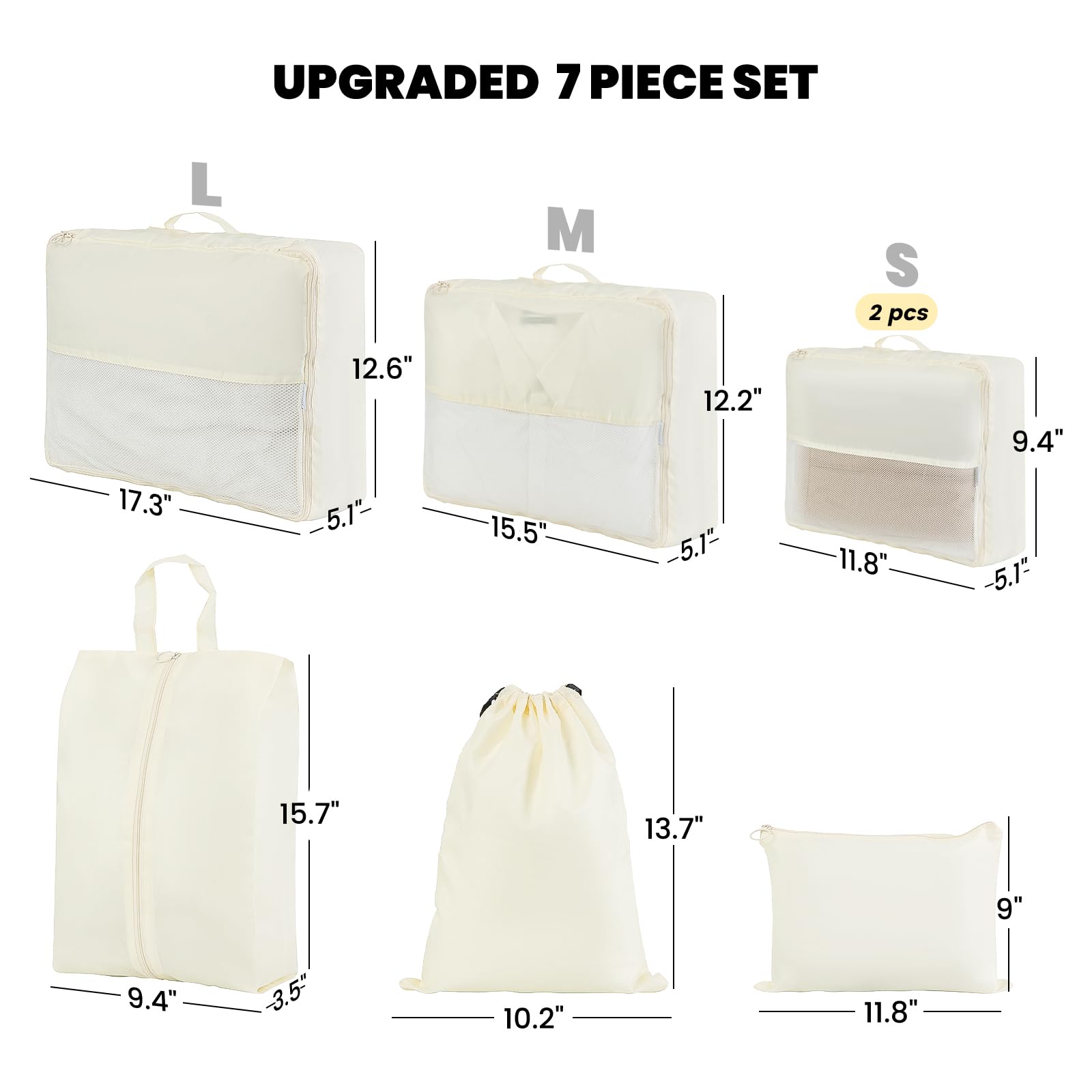 7-Piece Travel Packing Cubes Set - Beige Luggage Organizers for Suitcases | Space-Saving Travel Accessories for Business Trips & Vacations