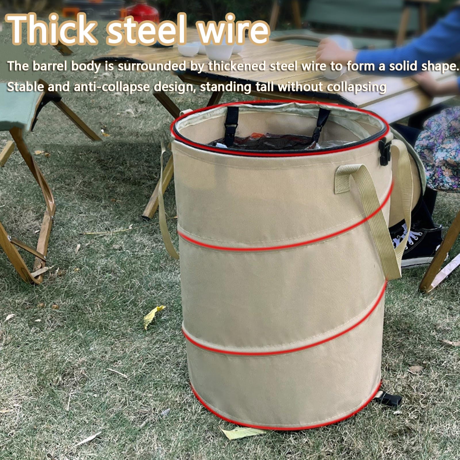 Pop Up Camping Trash Can with Lid - 24 Gallon Collapsible Garbage Bin with Sorting Clips | Reusable Yard Waste Bag for Garden, Lawn & Leaf Collection | Perfect for Outdoor Camping, Picnics & Backyard Cleanup (Beige Coffee)