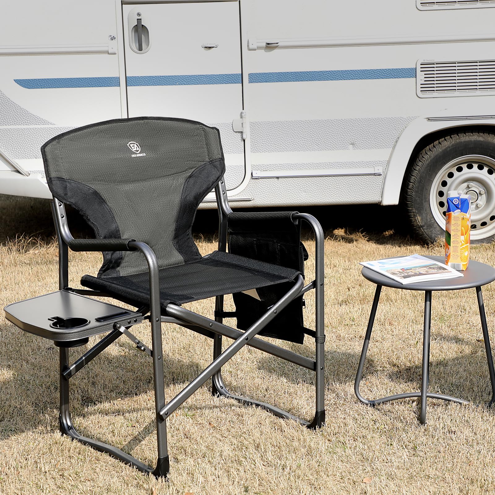 EVER ADVANCED Lightweight Folding Director's Chair - Portable Aluminum Camping Chair with Side Table & Storage Pouch - Heavy Duty Supports 350lbs for Outdoor, Beach, Picnic, and Backyard Relaxation