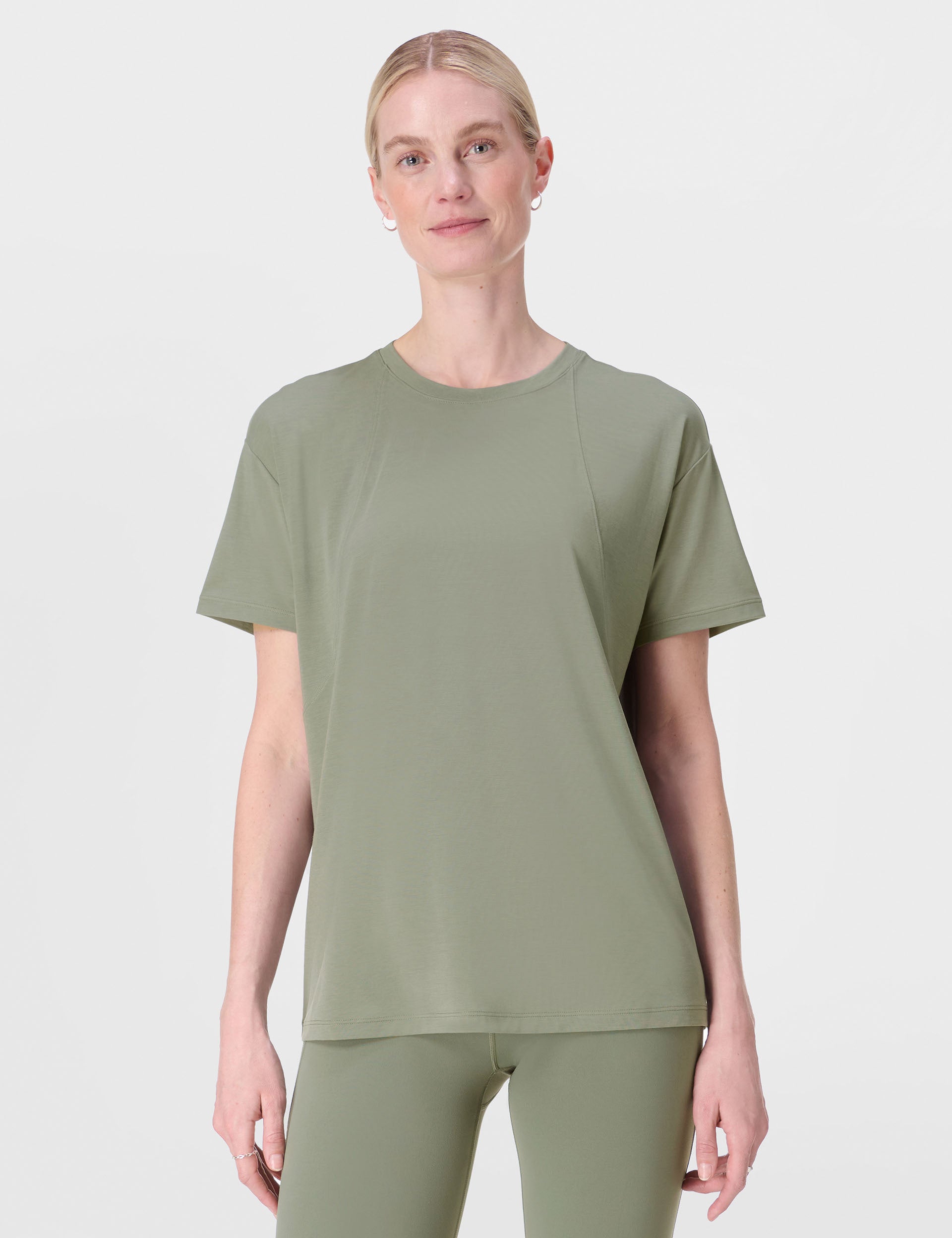 Soft Flow Studio Wrap Back T-Shirt for Women - Comfortable Willow Green Tee | Perfect for Yoga, Casual Wear & Everyday Outfits