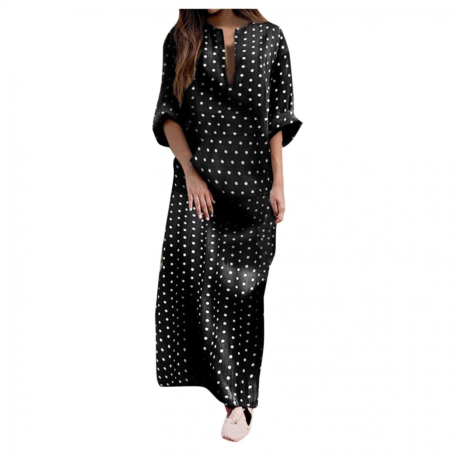 Polka Dot Maxi Dress for Women - Long Sleeve Kaftan Style Summer Dress with Front Pockets | Elegant Black Robe Dress for Beach, Vacation & Casual Wear