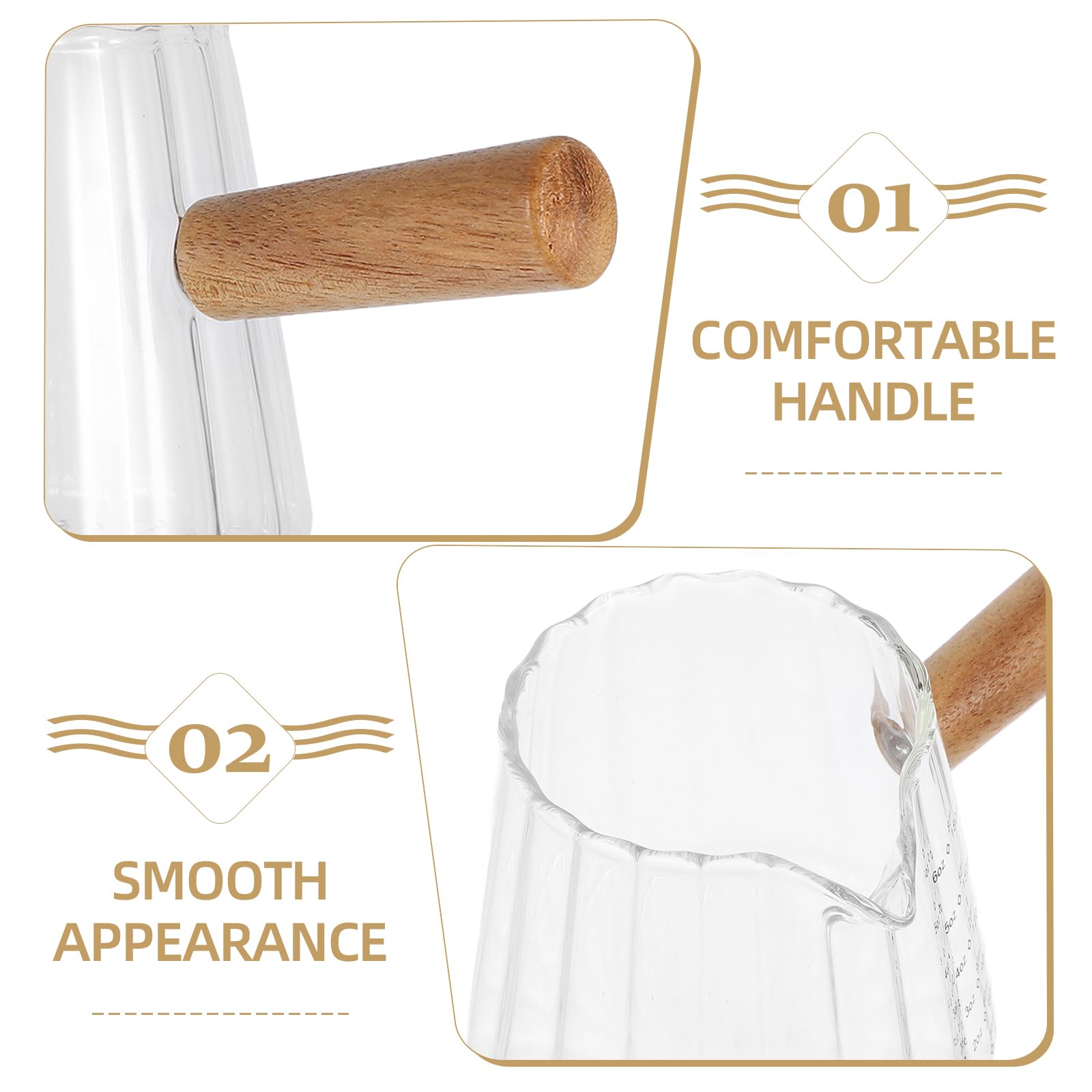 Kichvoe 180ML/6 OZ Espresso Shot Glass with Wood Handle - Glass Creamer for Coffee, Milk, Tea & Syrup - Frothing Pitcher & Baking Measuring Cup - Perfect for Latte Art, Barista Use & Home Coffee Brewing