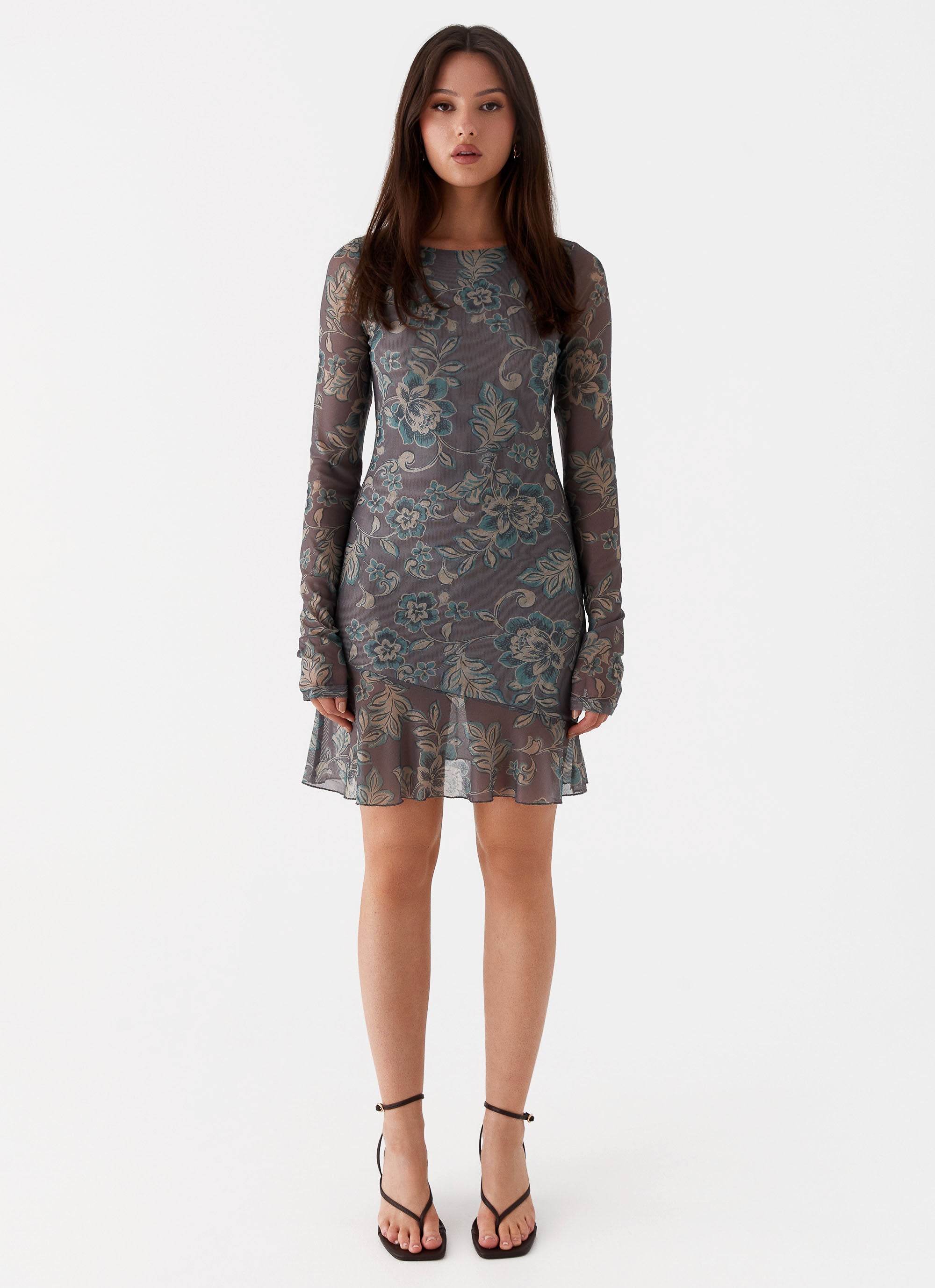 Elegant Ines Long Sleeve Mini Dress - Brown Floral Print Women's Party Dress for Cocktail, Wedding & Date Night