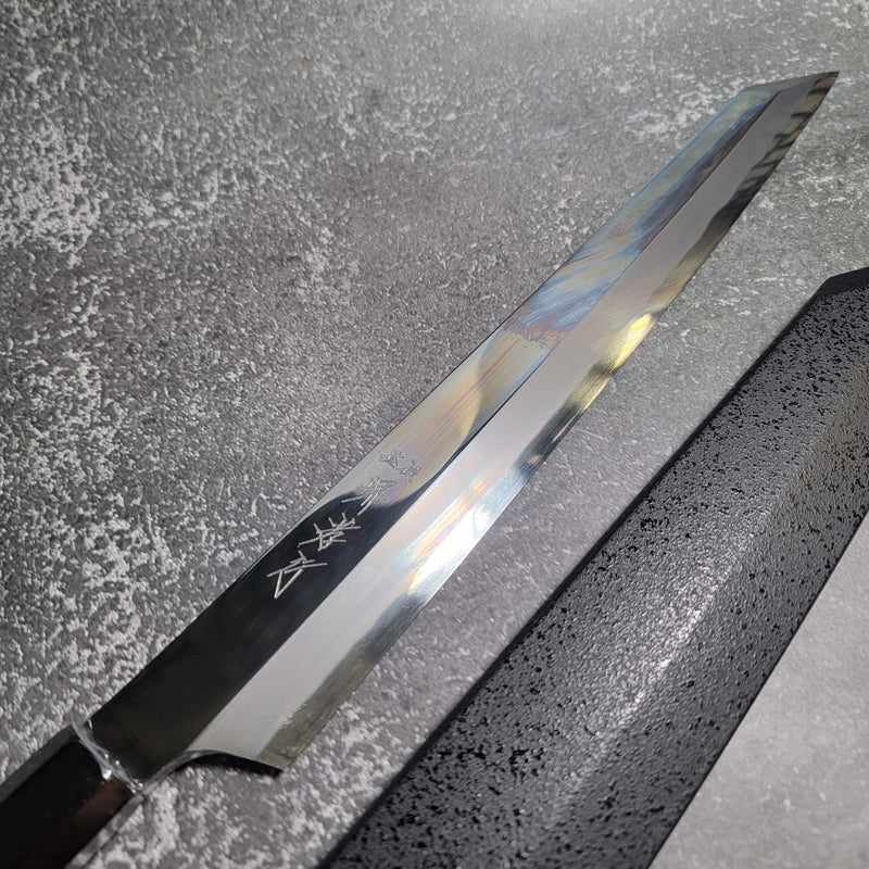 Premium Sakai Takayuki Hein Blue #2 Mirror Polished 300mm Kengata Yanagiba Knife - Ebony Handle & Saya - Perfect for Sushi Chefs & Japanese Cuisine Preparation